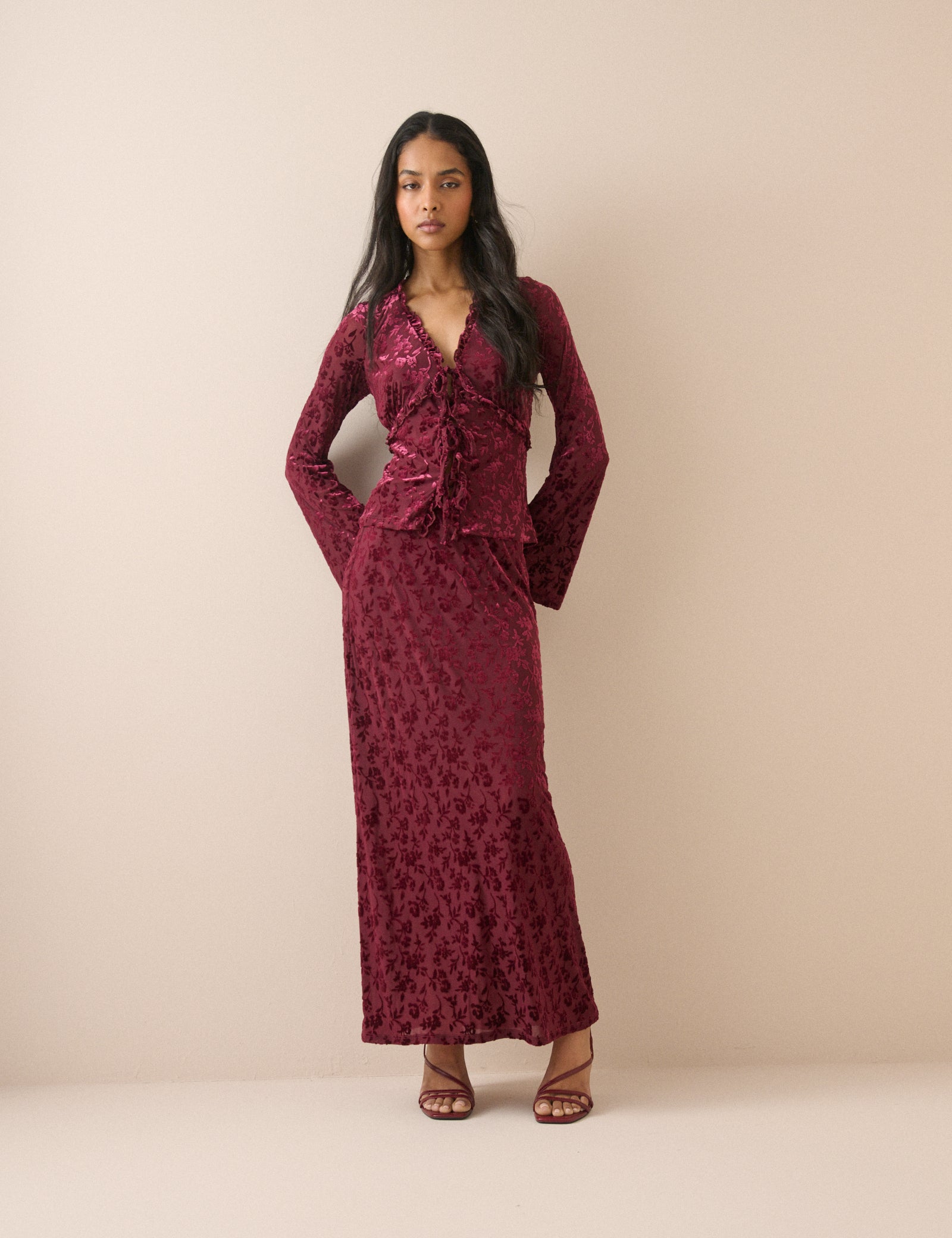 Burgundy Velvet Floral Jersey Maxi Skirt