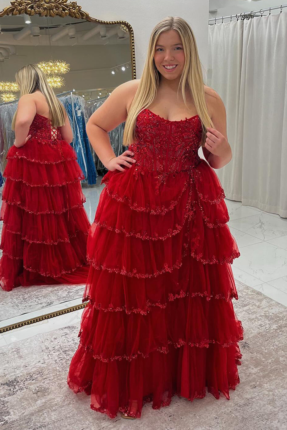 Long Strapless Princess Prom Dress in Dark Red with Ruffled Tulle and Slit