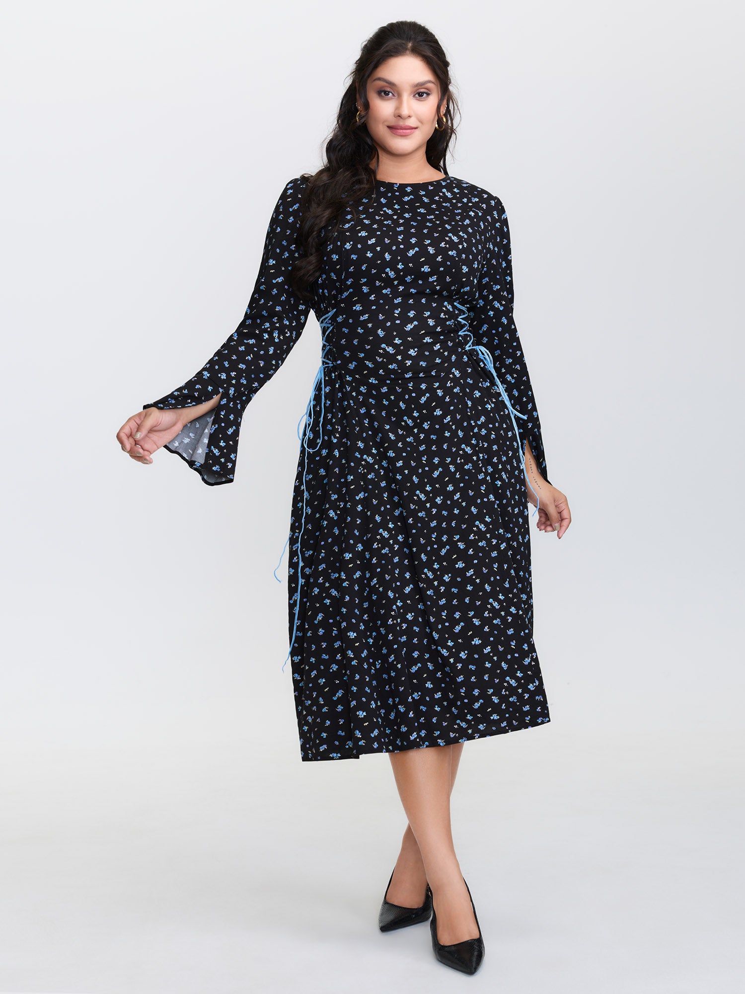 Floral Stretchy Rayon Slit Sleeve Midi Dress