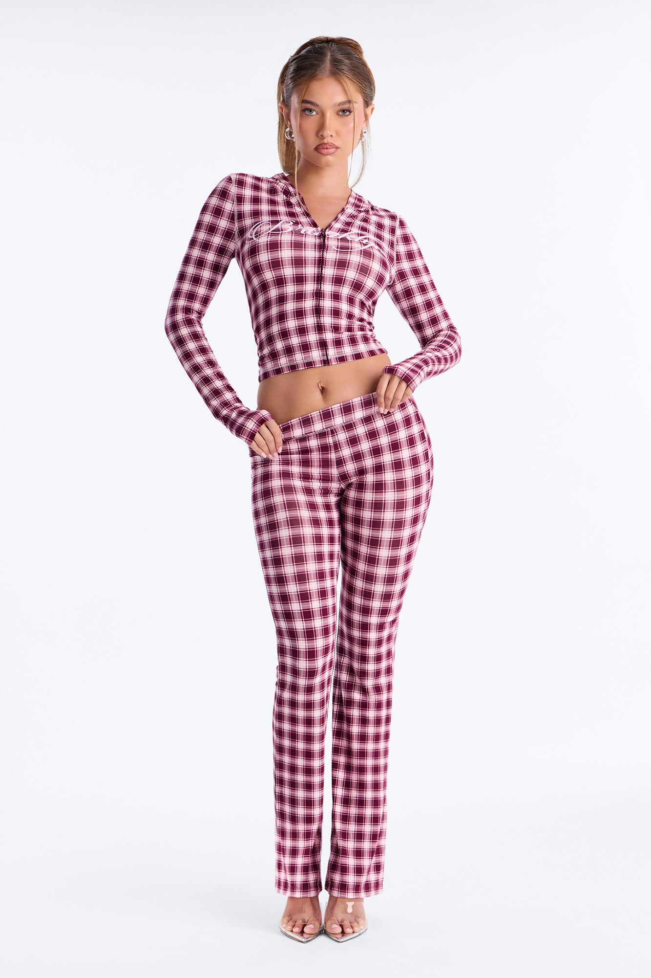 Brooklyn Plaid Zip Up Pant Set - Burgundy/combo