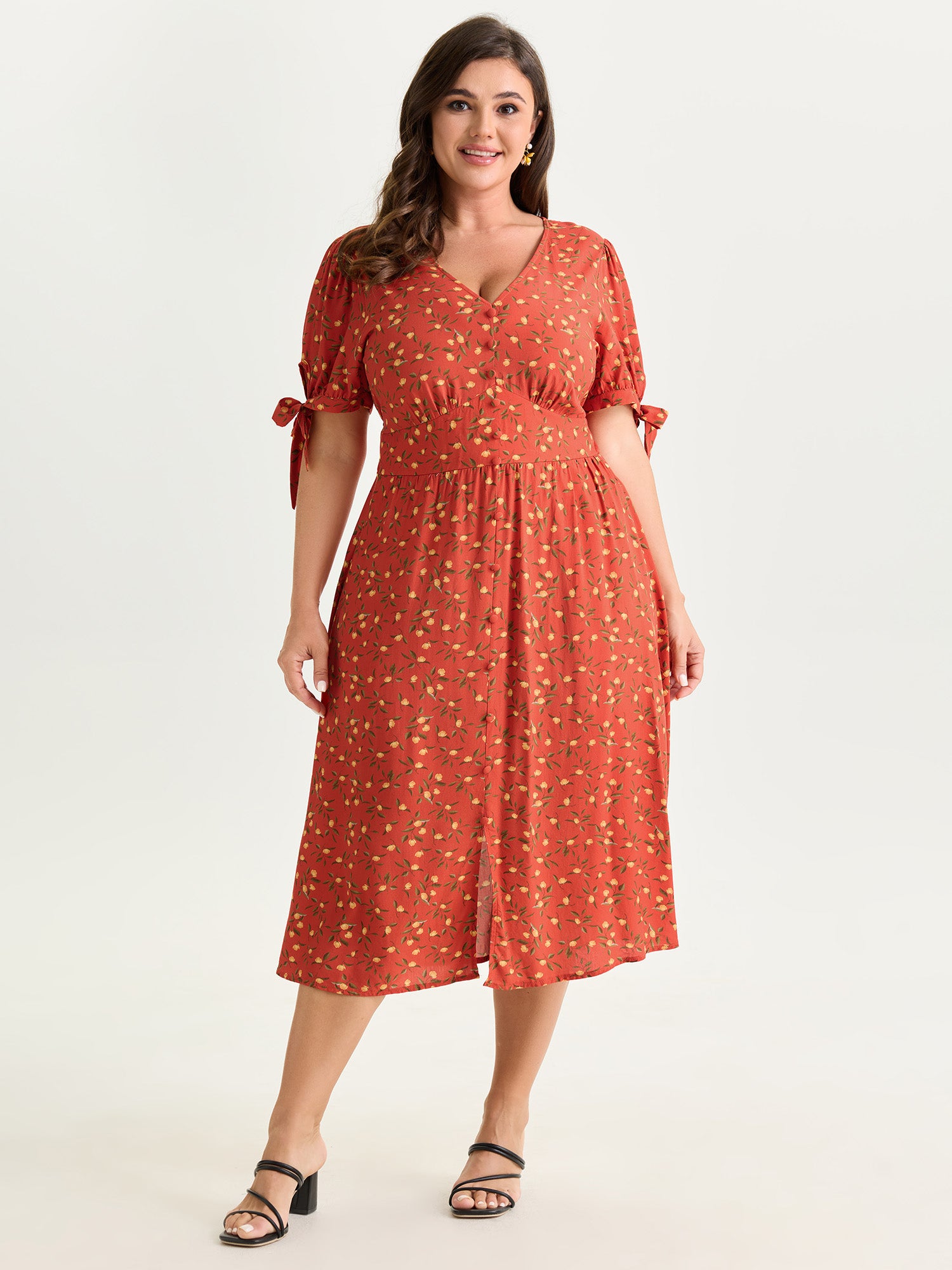Micro Floral Print Sleeve Tie Midi Dress