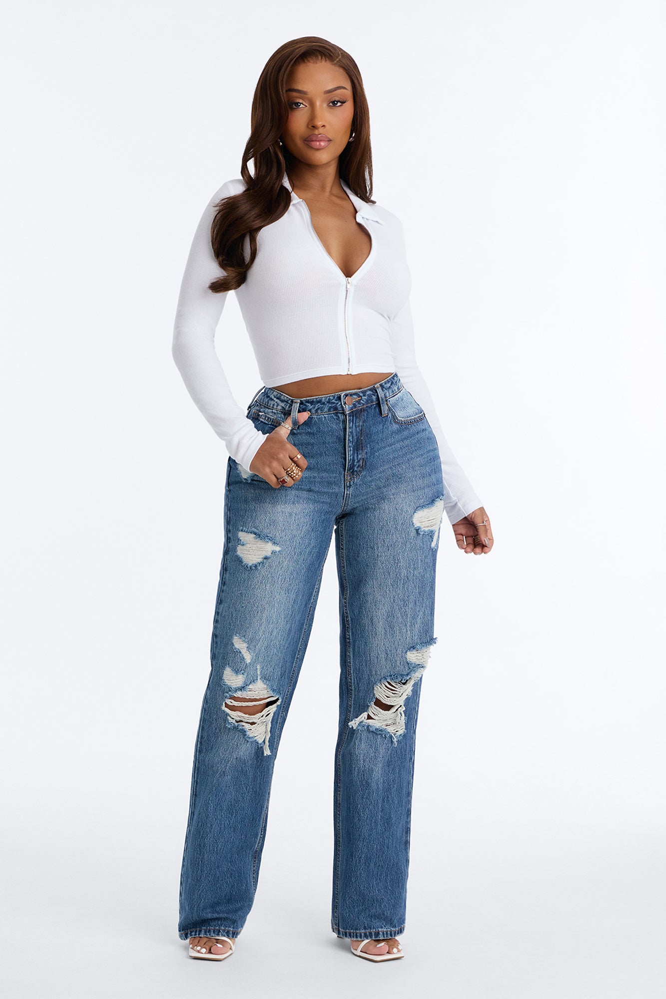 Unbothered Queen Ripped Straight Leg Jeans - Dark Wash
