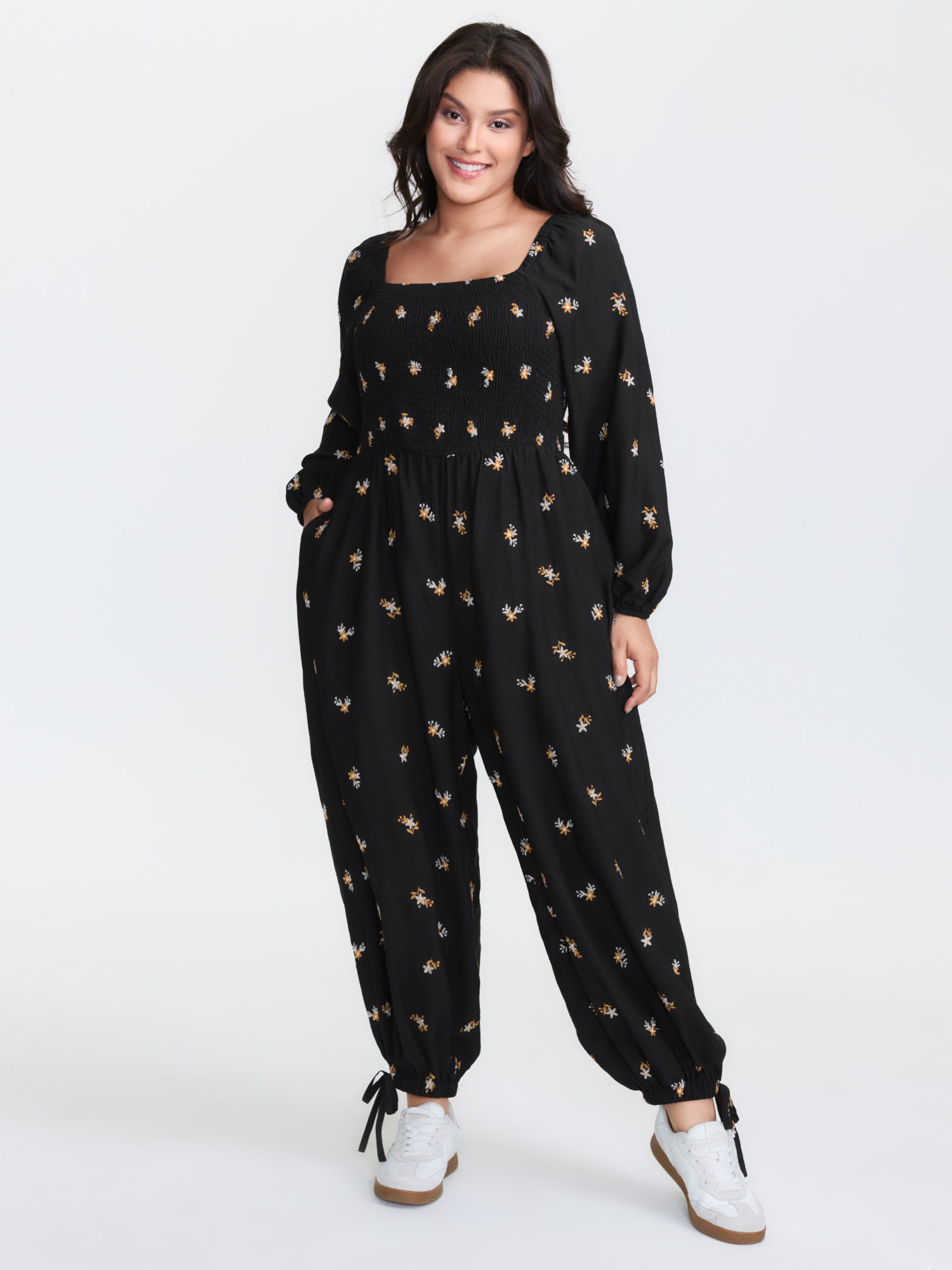 Floral Shirred Tie Square Neck Jumpsuit