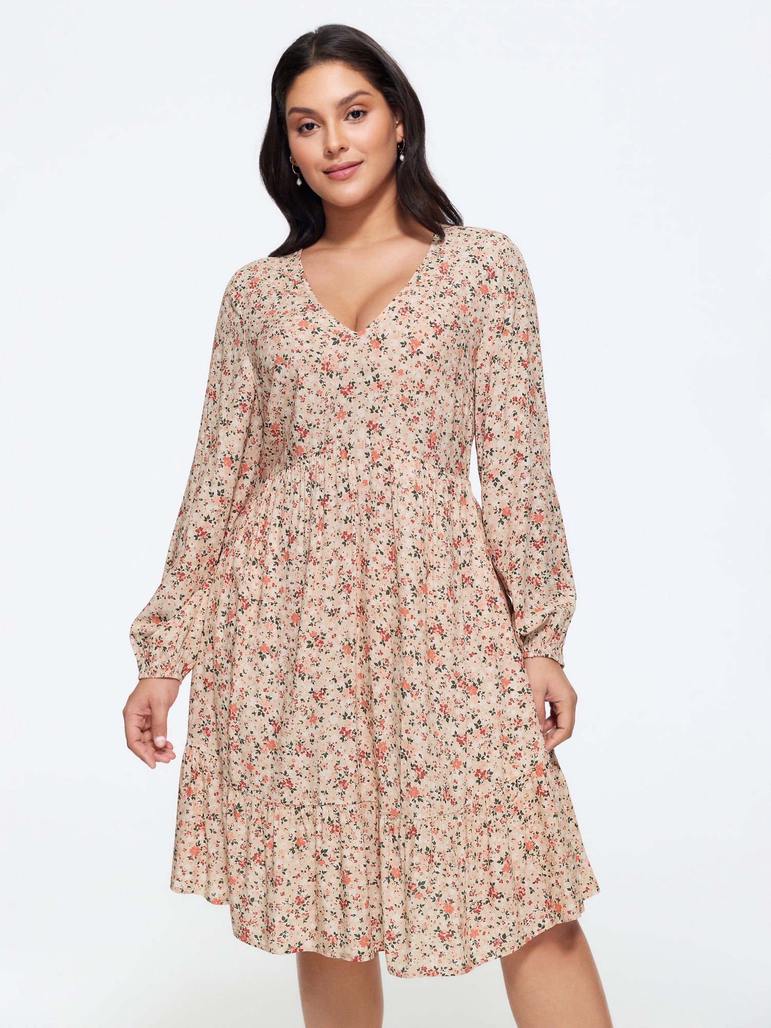 Ditsy Floral Print Elastic Waist Tiered Mini Dress