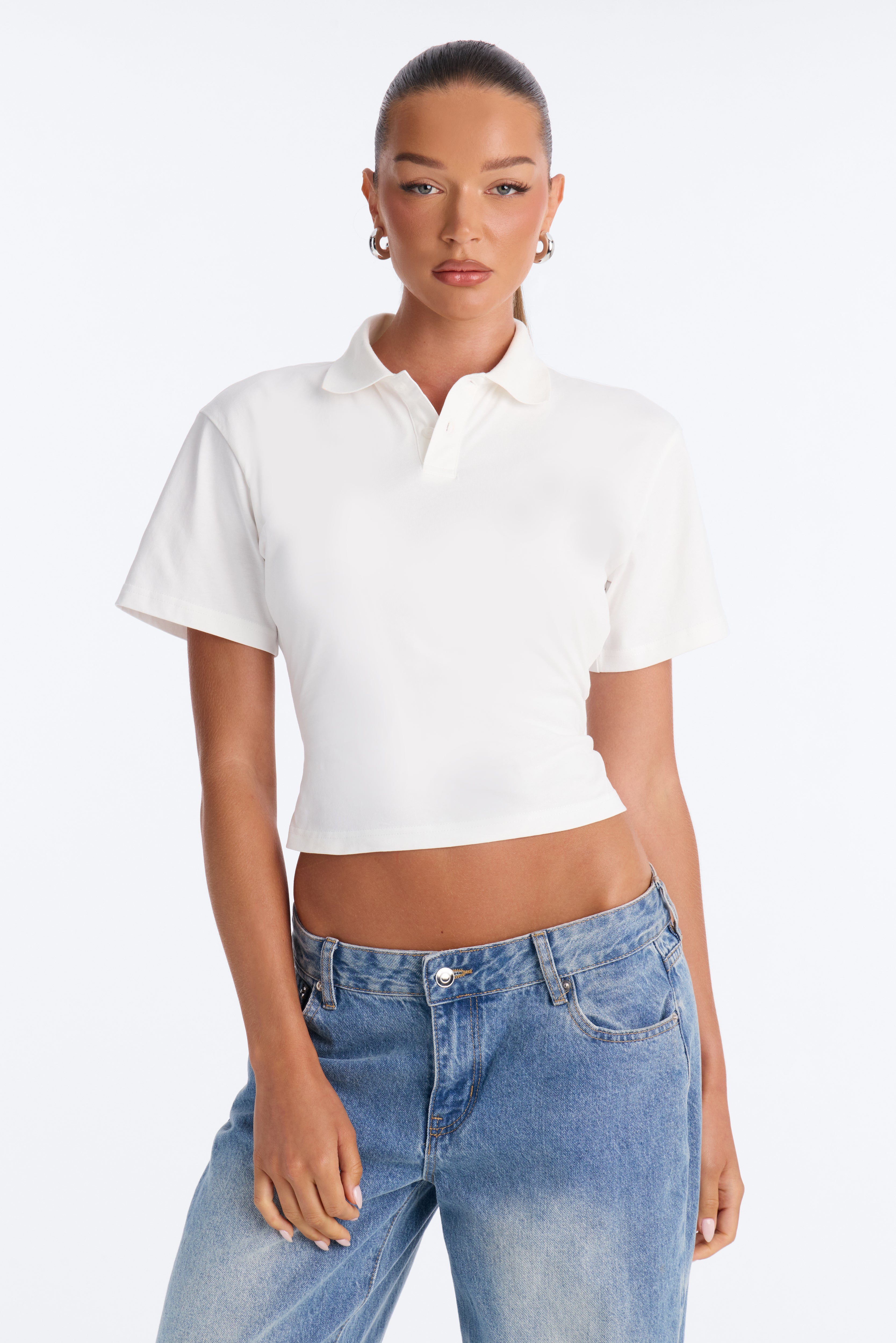 100% Premium Cotton Cinched Waist Short Sleeve Polo - White