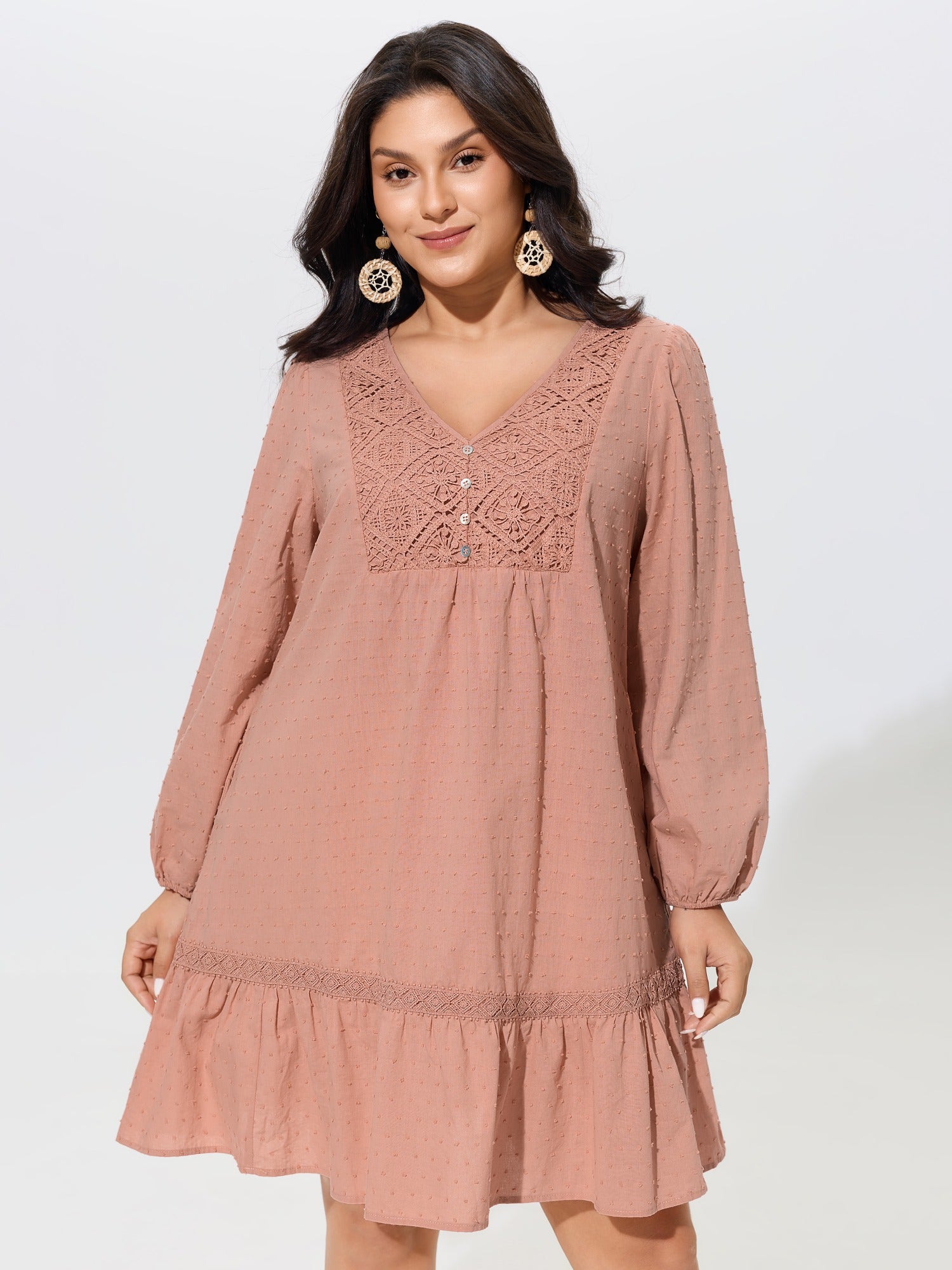Cotton Textured Lace Detail V Neck Mini Dress