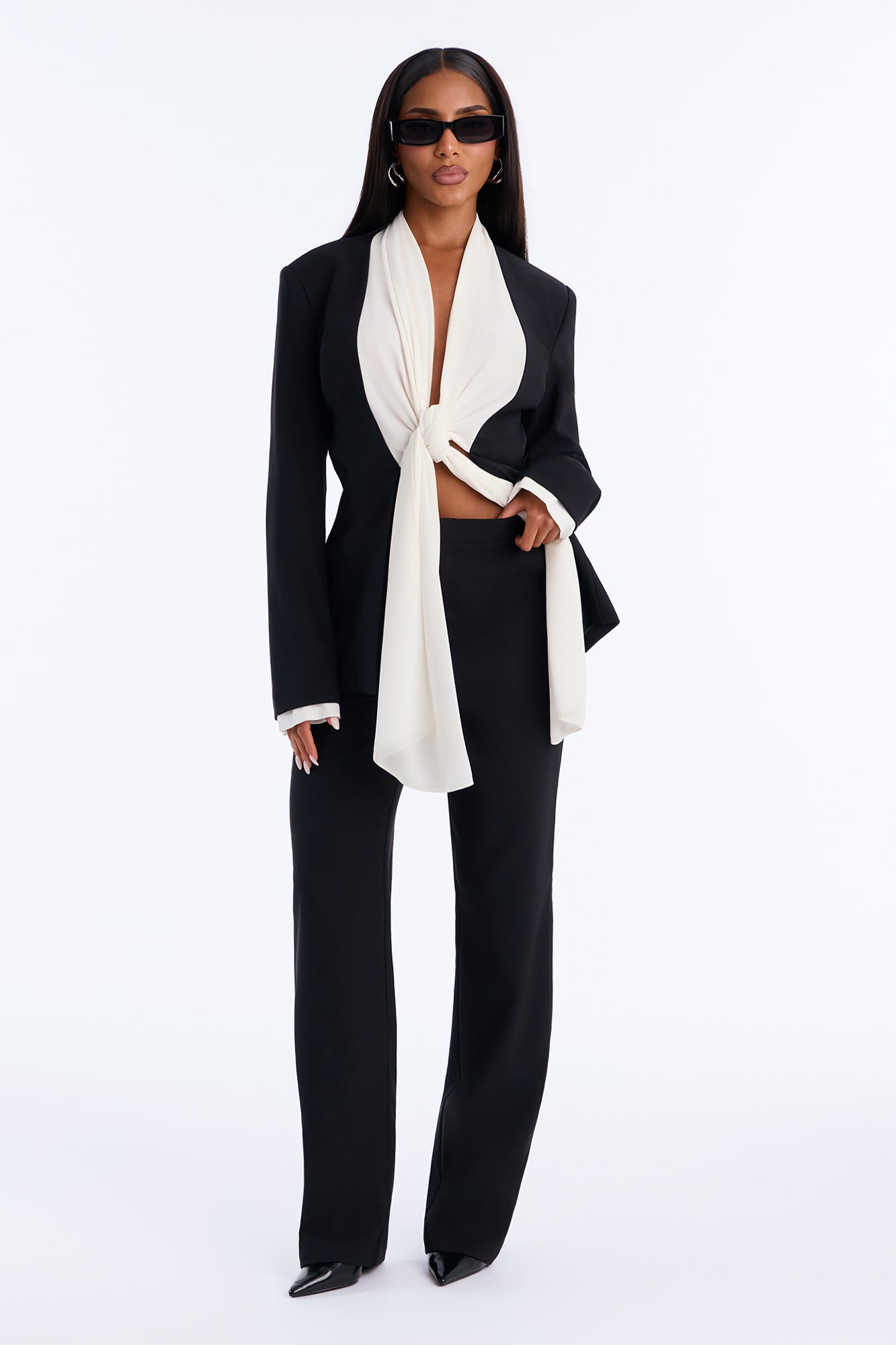 Pia Draped Blazer Pant Set - Black