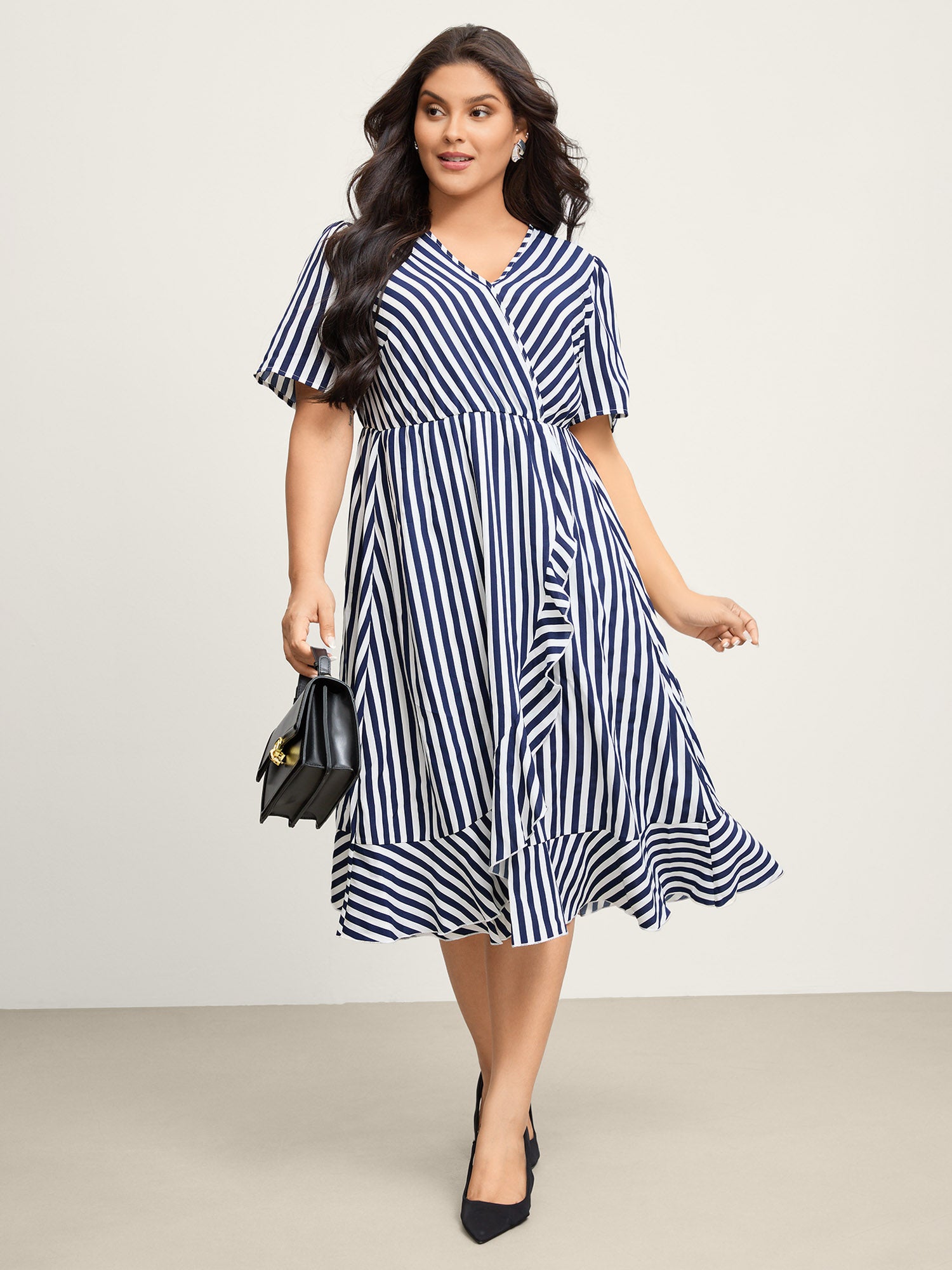 Irregular Stripes High-Waist Pockets Midi Dress