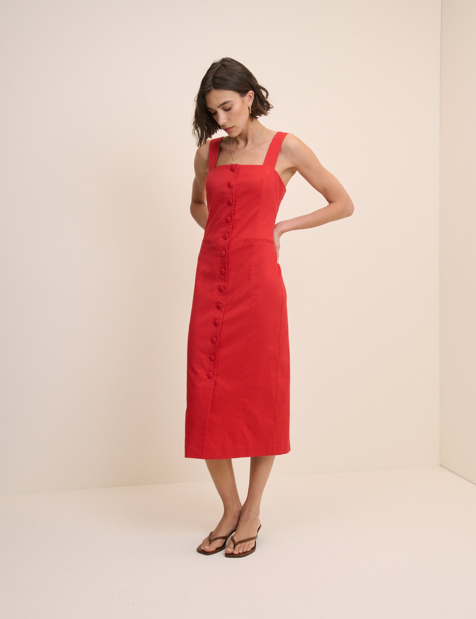 Red Square Neck Button Front Dress
