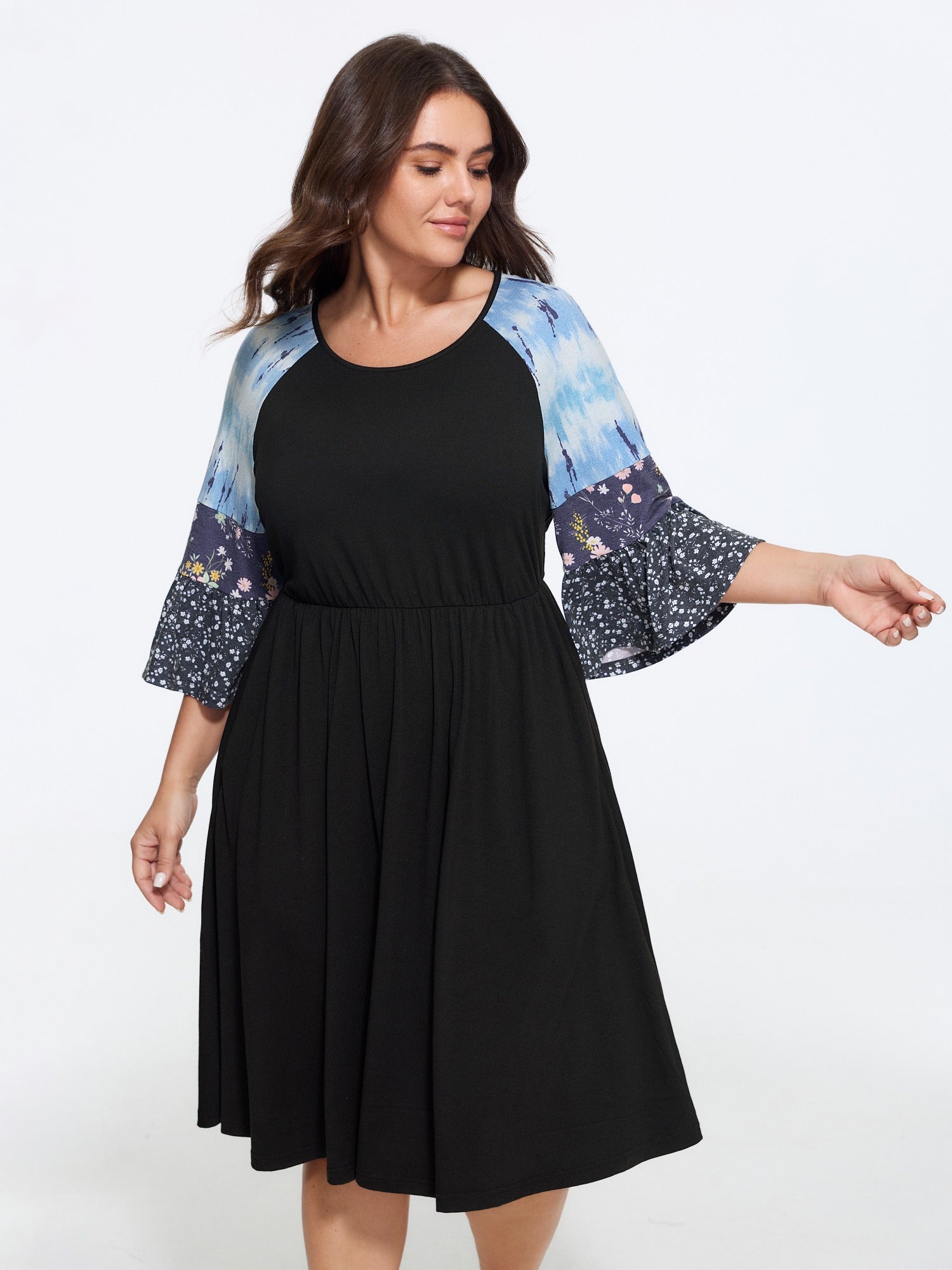 Supersoft Floral Print Patchwork Raglan Sleeve Mini Dress