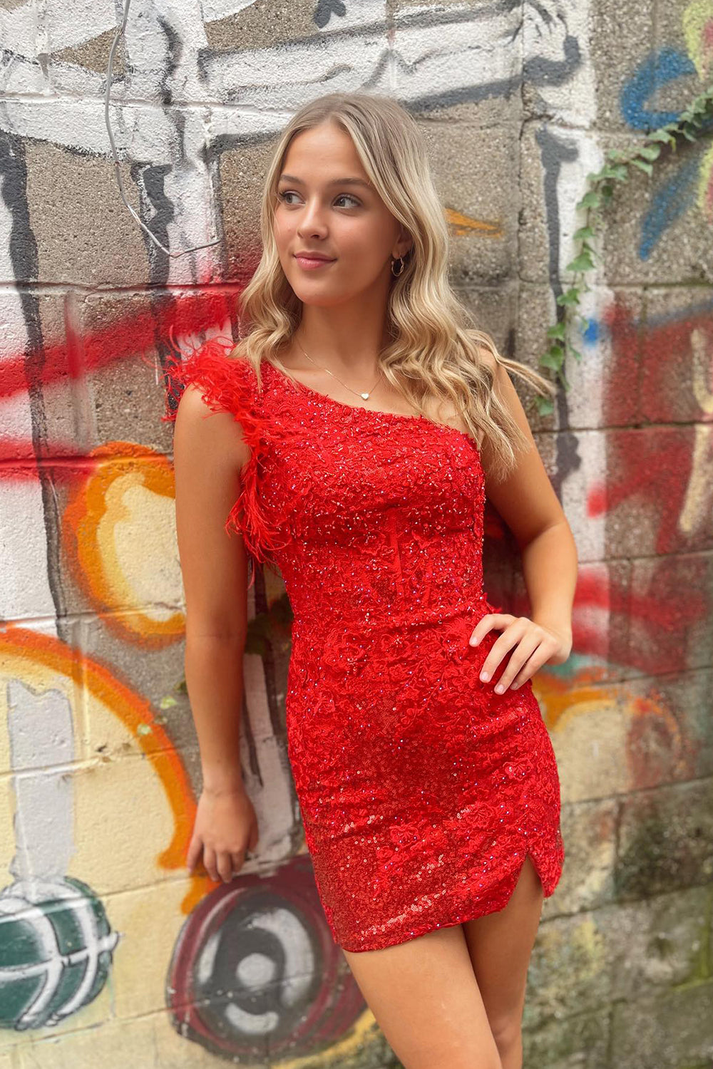 Sparkly Red One Shoulder Corset Tight Short Homecoming Dress/Mini Dress With Feathers