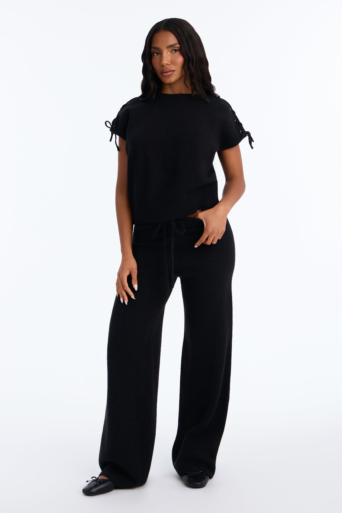Loreen Lace Up Sweater Pant Set - Black