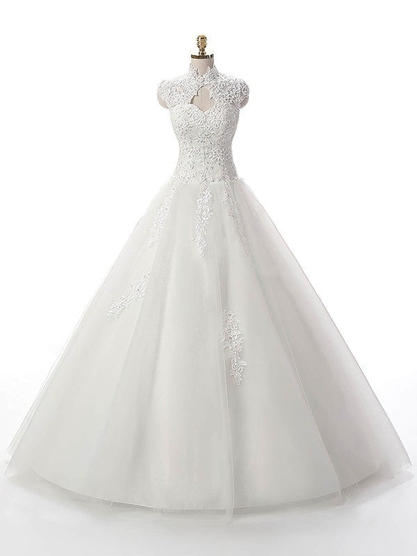 Stunning Floor-Length Capped High Neck Tulle Ball Gown Lace Wedding Dresses with Appliques