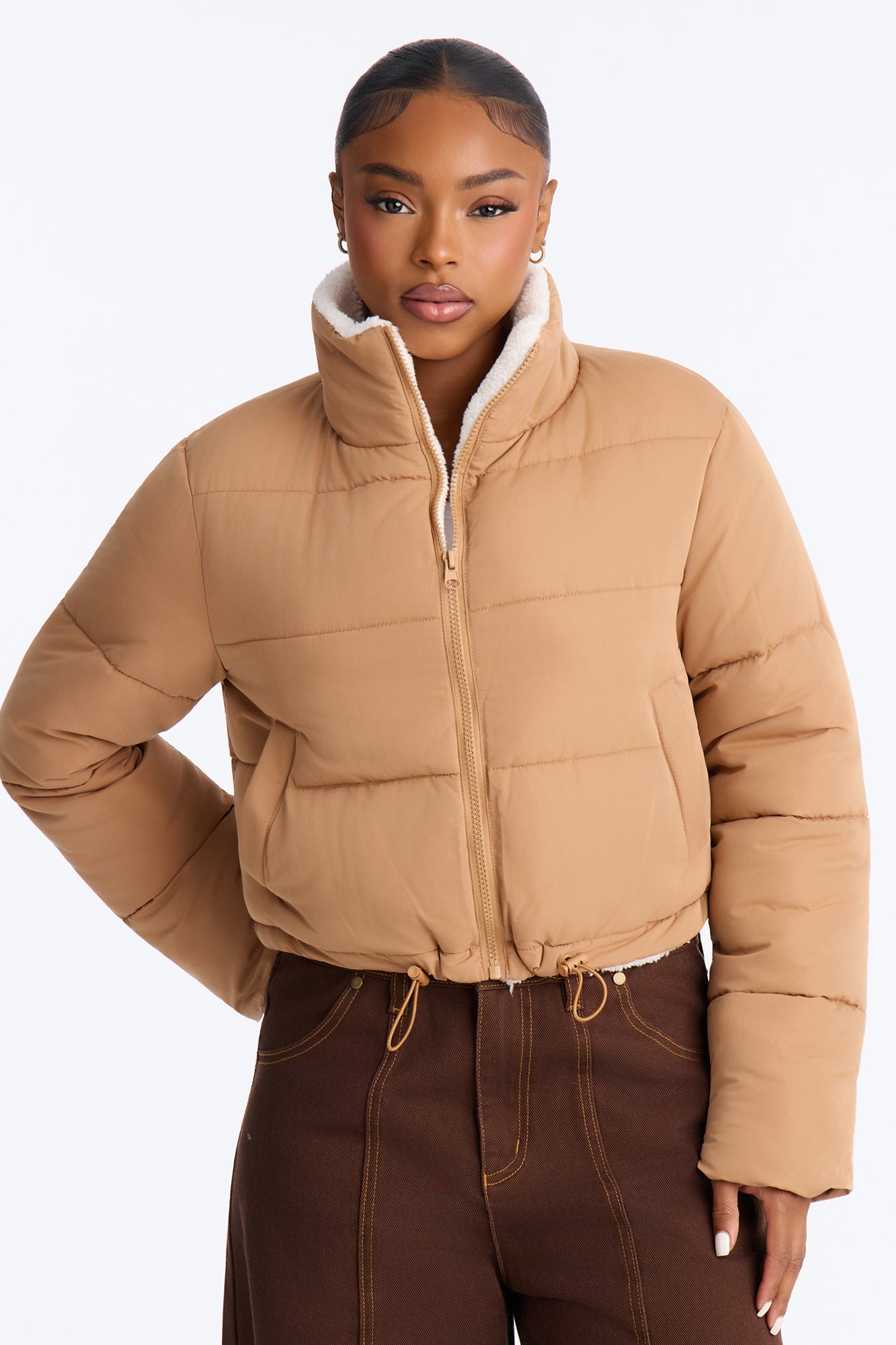 Everyday Nylon Blend Sherpa Lined Puffer - Camel