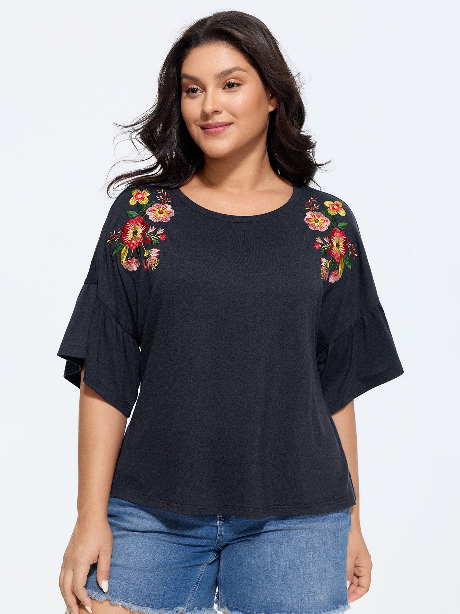 Supersoft Floral Embroidered Sleeve T-Shirt