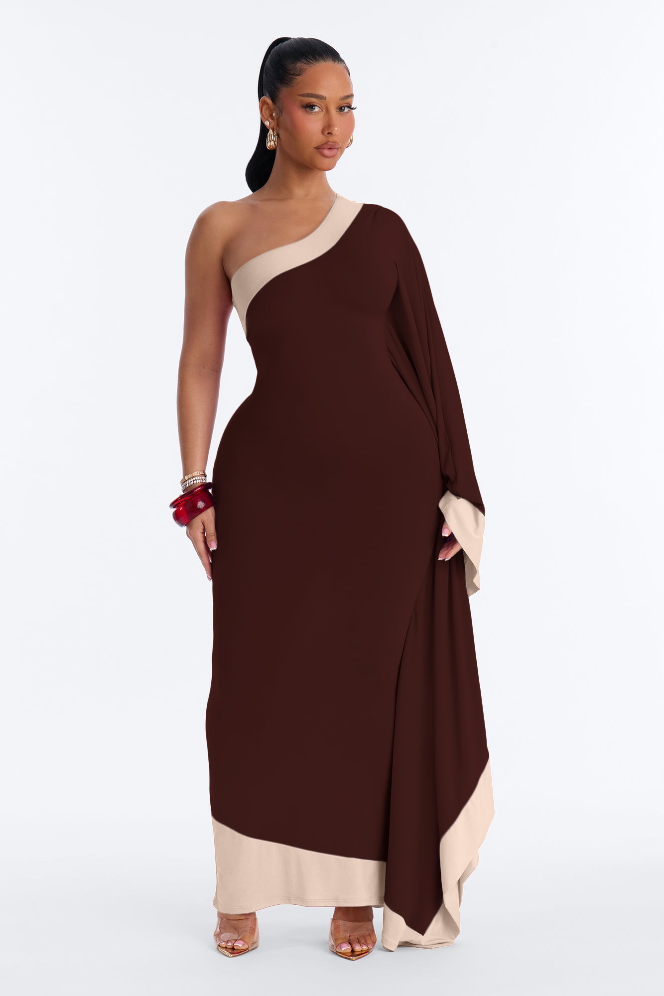 Casually Allure One Shoulder Maxi Dress - Chocolate/Combo