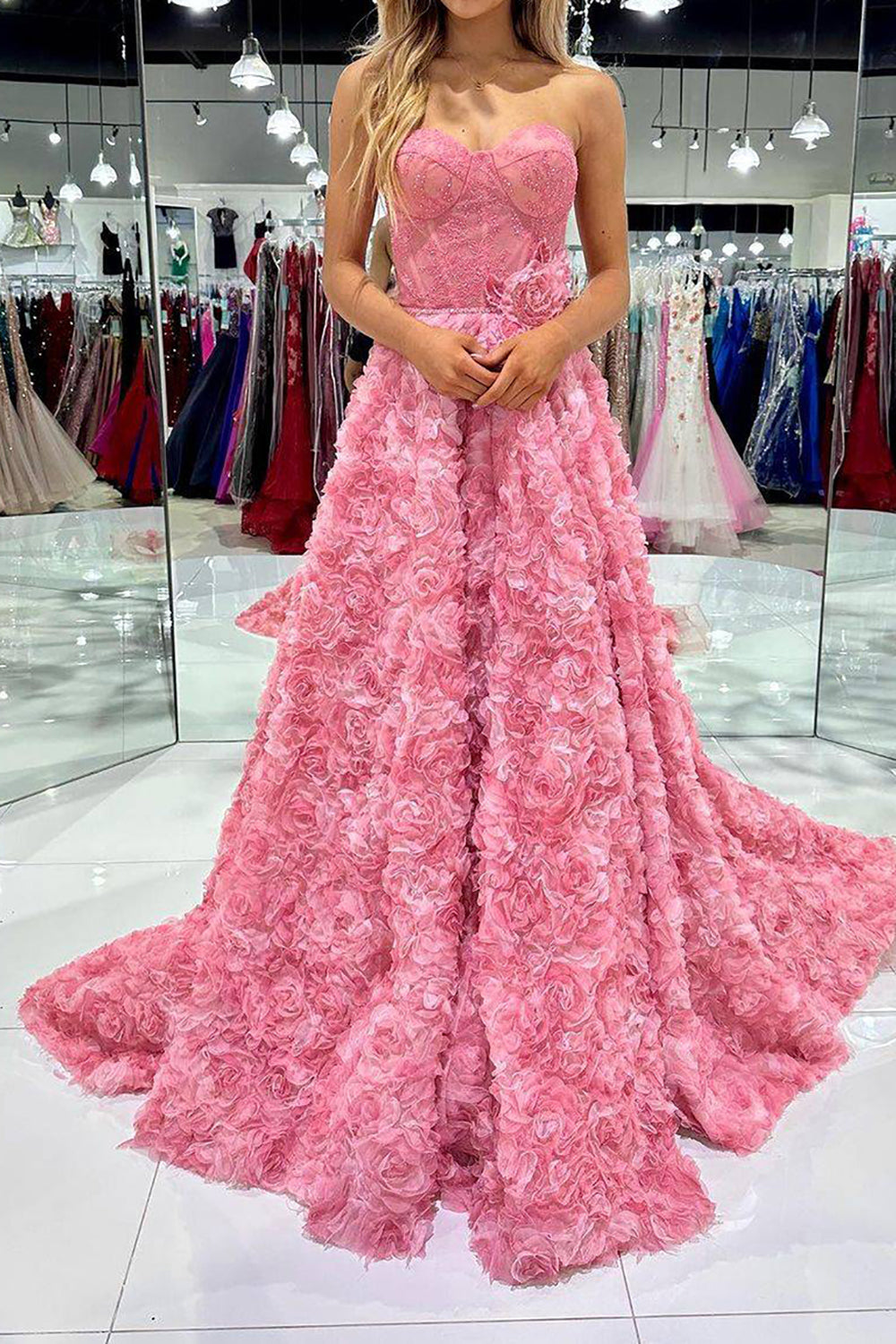 Long Blush Prom Dress with 3D Flowers in a Sweetheart A-Line Style