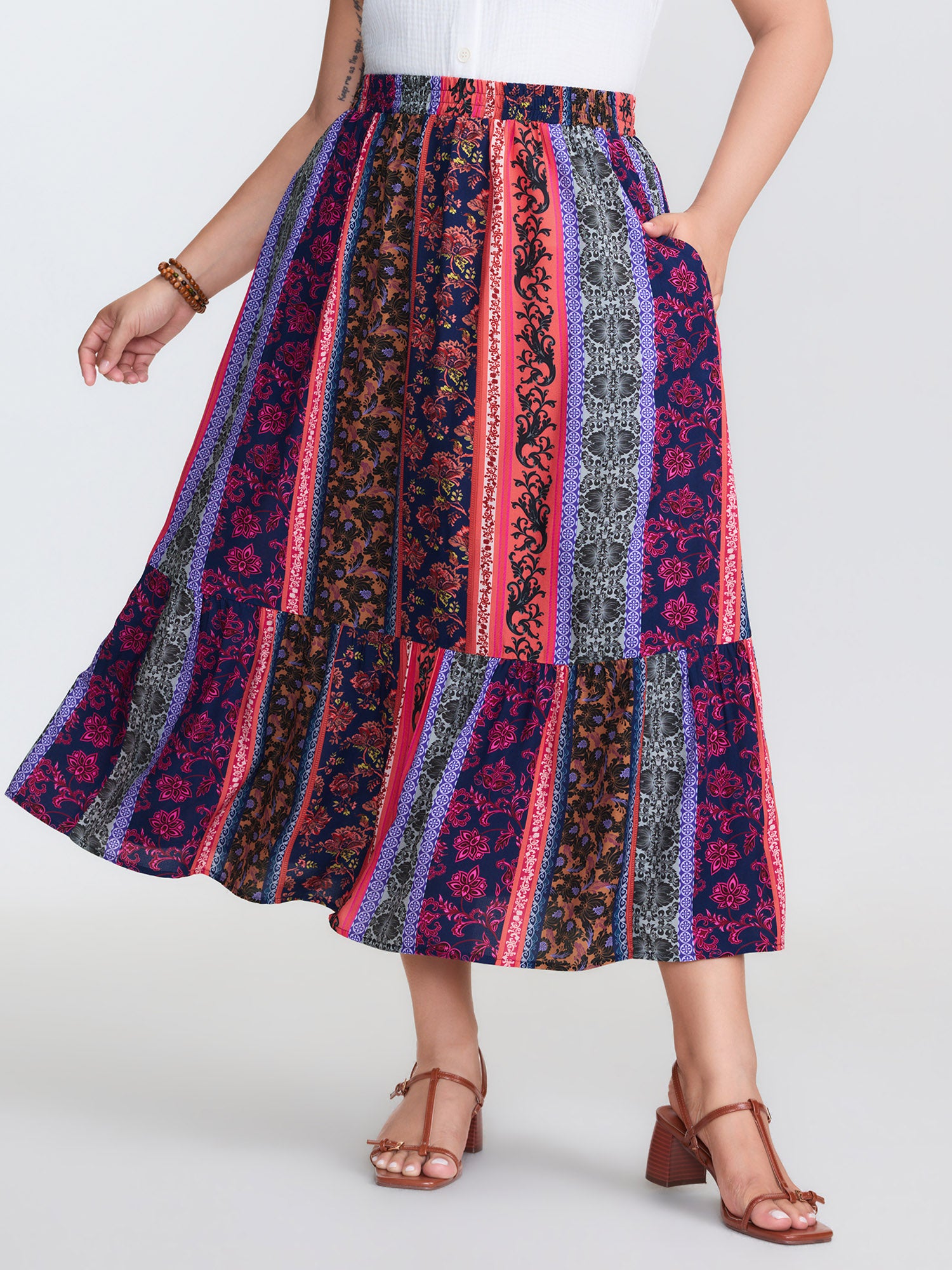 Floral Stripes Tiered Maxi Skirt