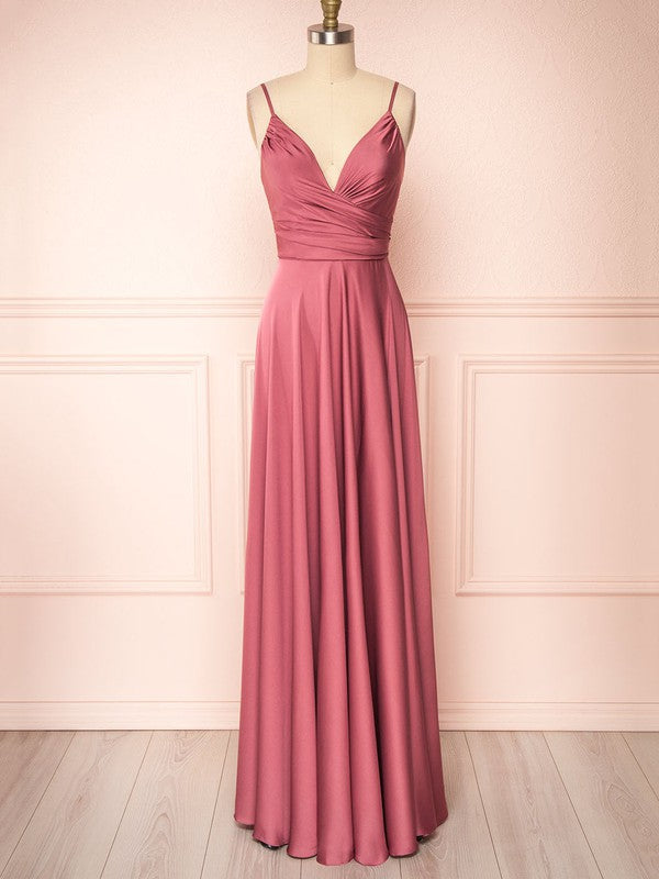 Gorgeous A-Line V-Neck Sleeveless Satin Floor-Length Ruffles Bridesmaid Dresses