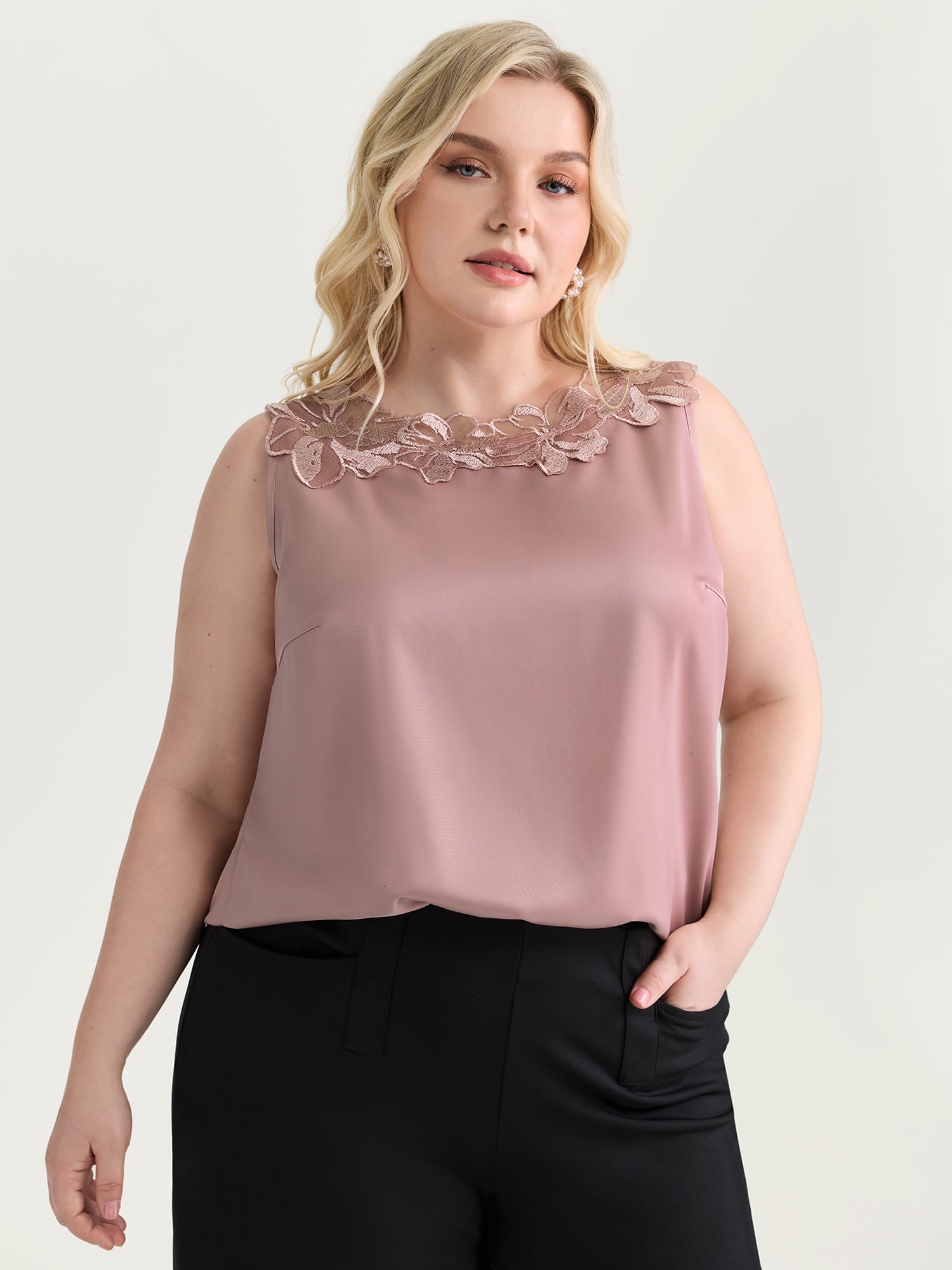 Romantic Satin Lace Neckline Blouse