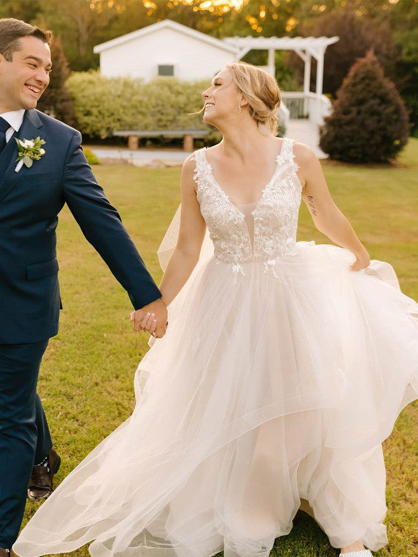 Glamorous Sleeveless V-Neck Tulle Court Train Wedding Dresses with Cascading Ruffles