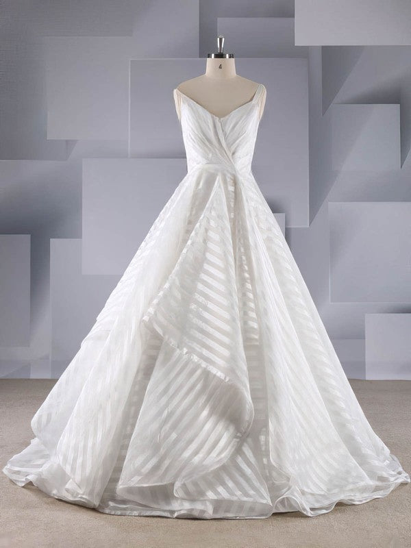 Stylish V-Neck Organza Court Train Wedding Dresses with Cascading Ruffles