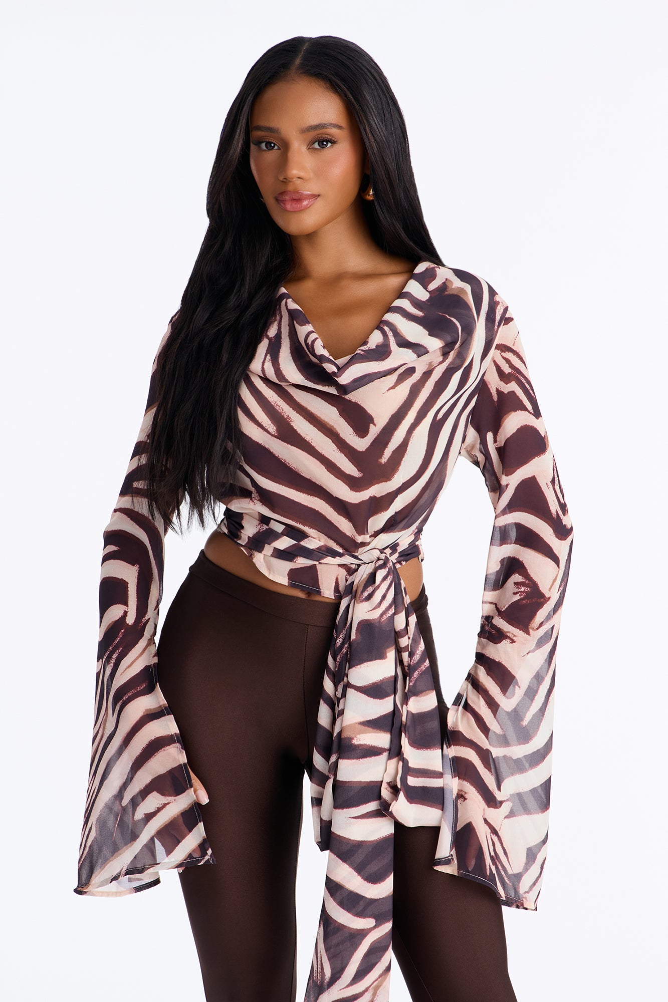 True Instincts Cowl Neck Blouse - Brown/combo