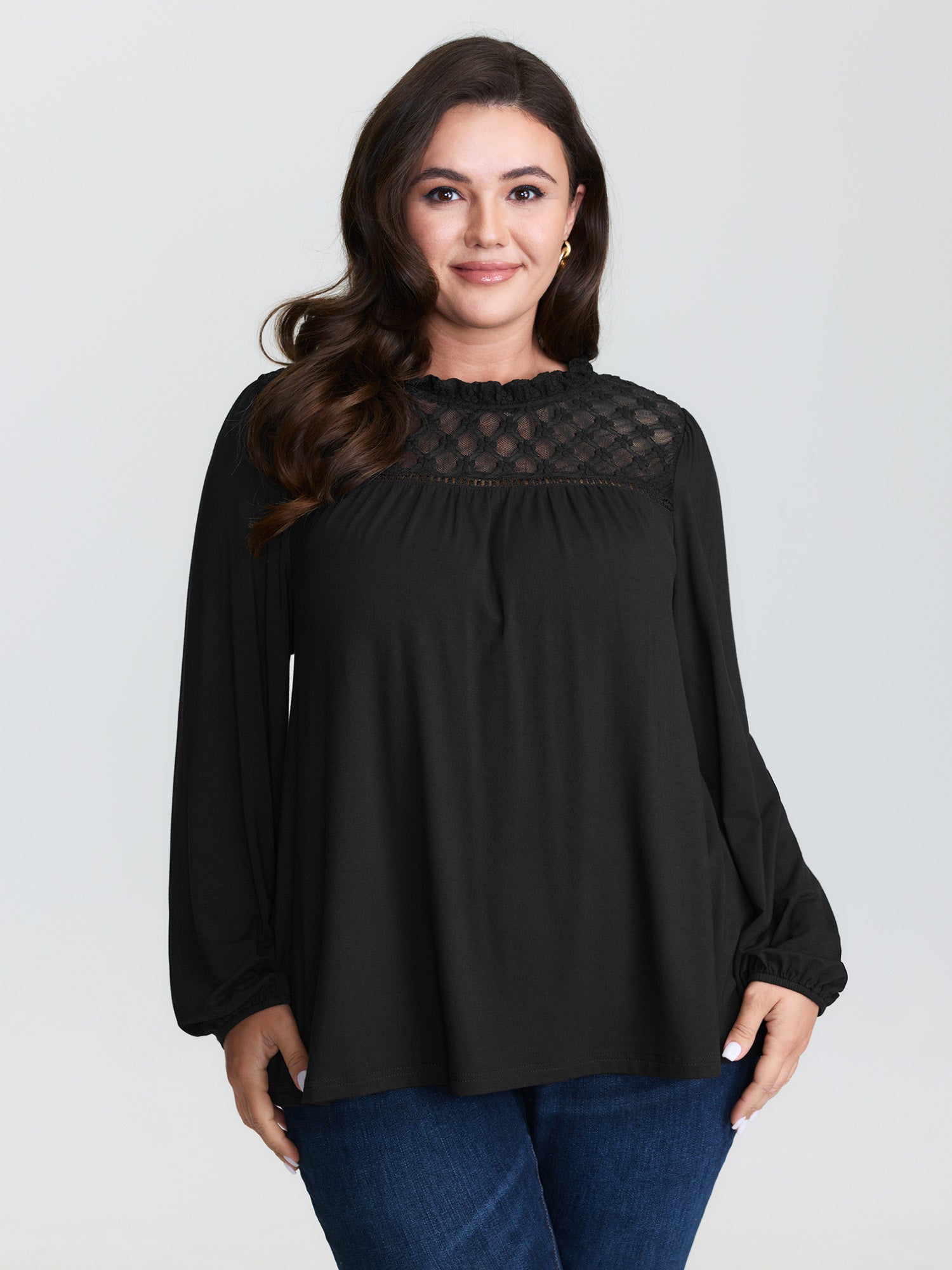 Checkered Mesh Ruffled Neckline Knit Top