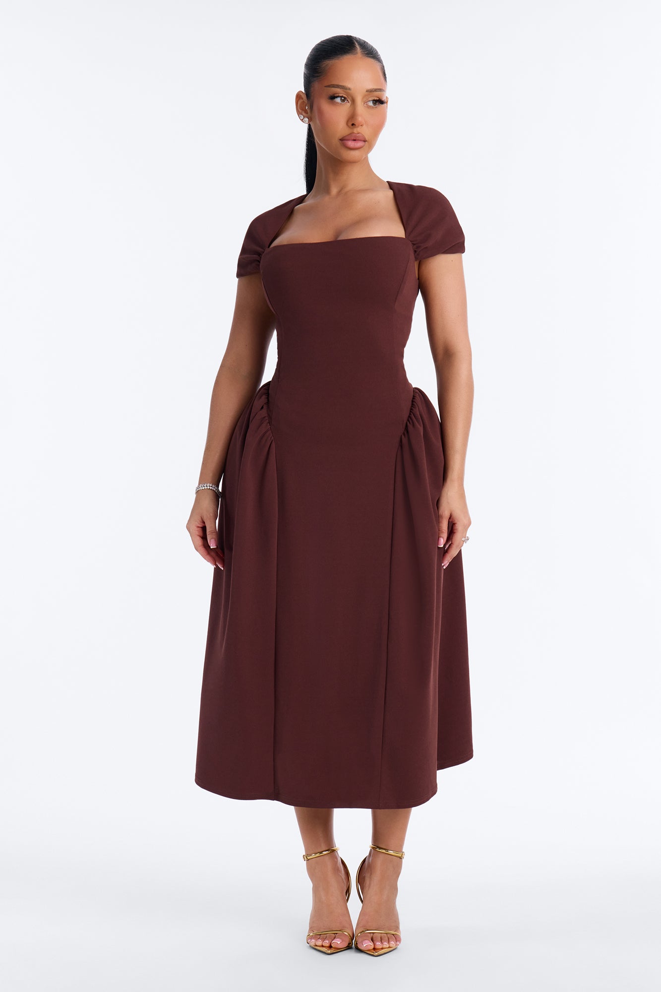 First Sunday Cap Sleeve Stretch Crepe Midi Dress - Chocolate