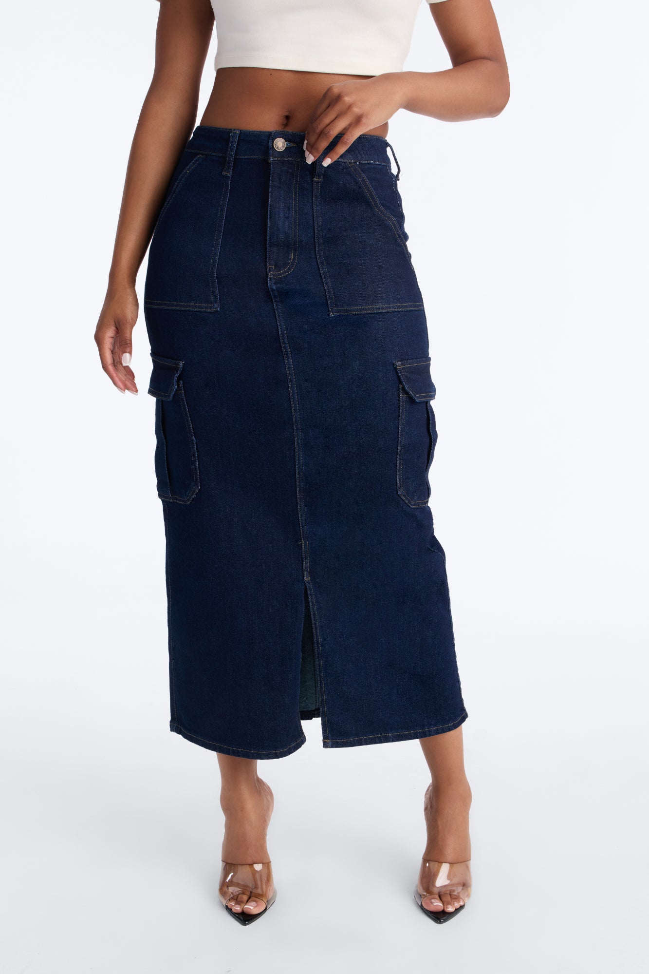 Trinity Denim Cargo Midi Skirt - Rinse Blue Wash