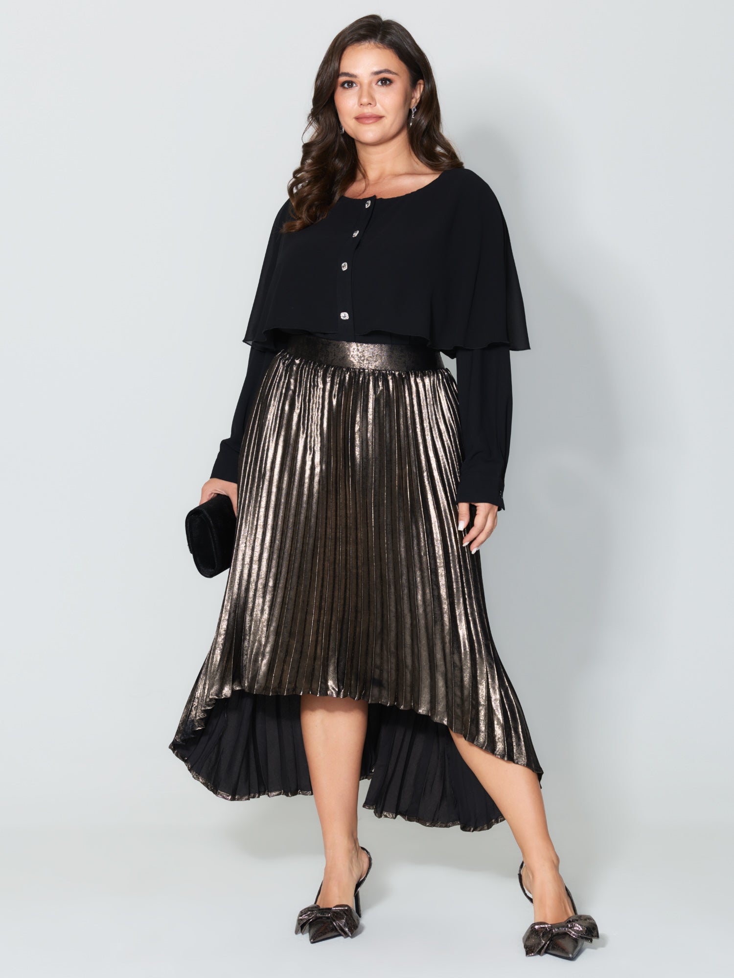 Metallic Shimmer High-Low Hem Pleated Midi Skirt