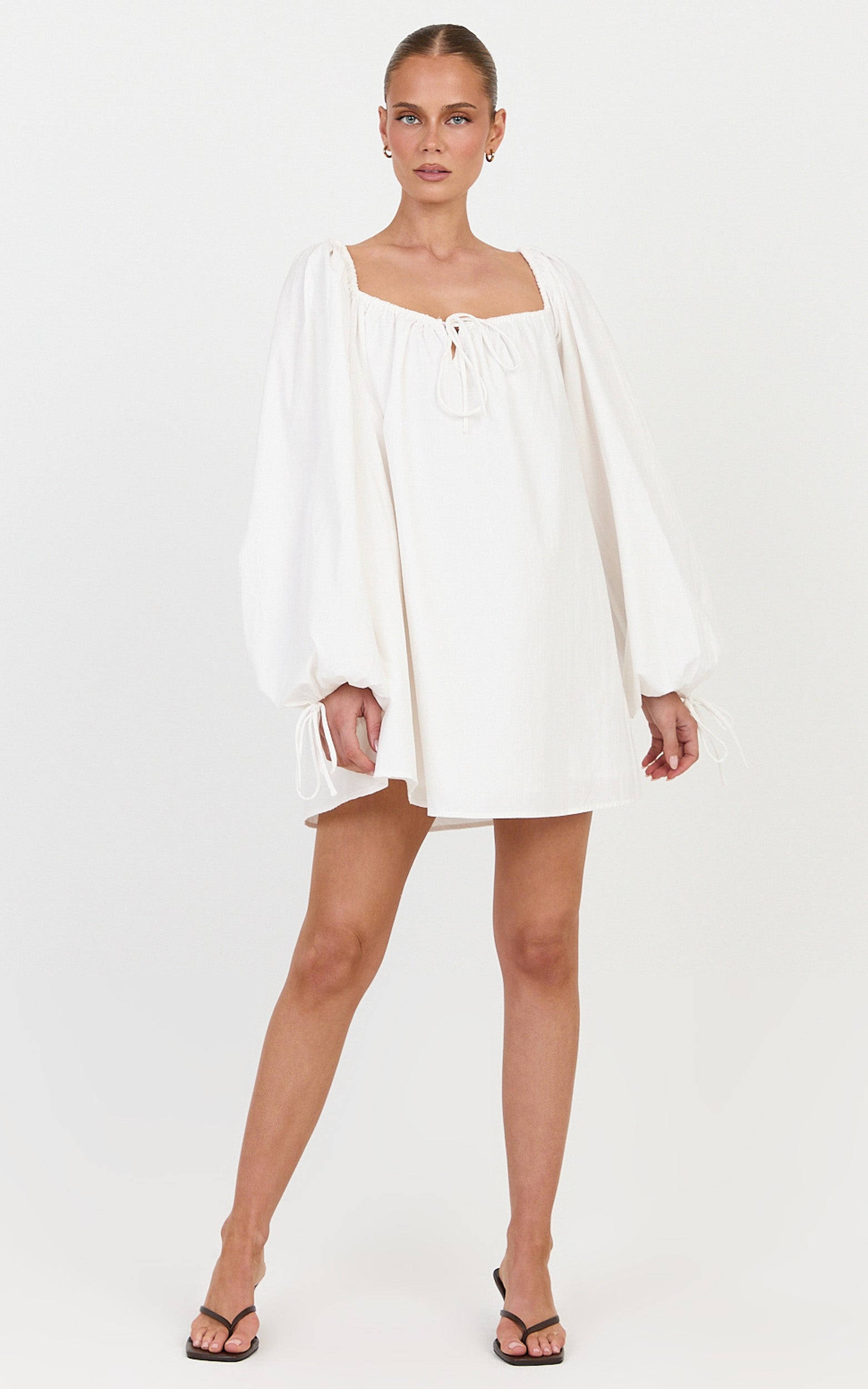 Brixton Mini Dress - Square Neck Smock Dress in White