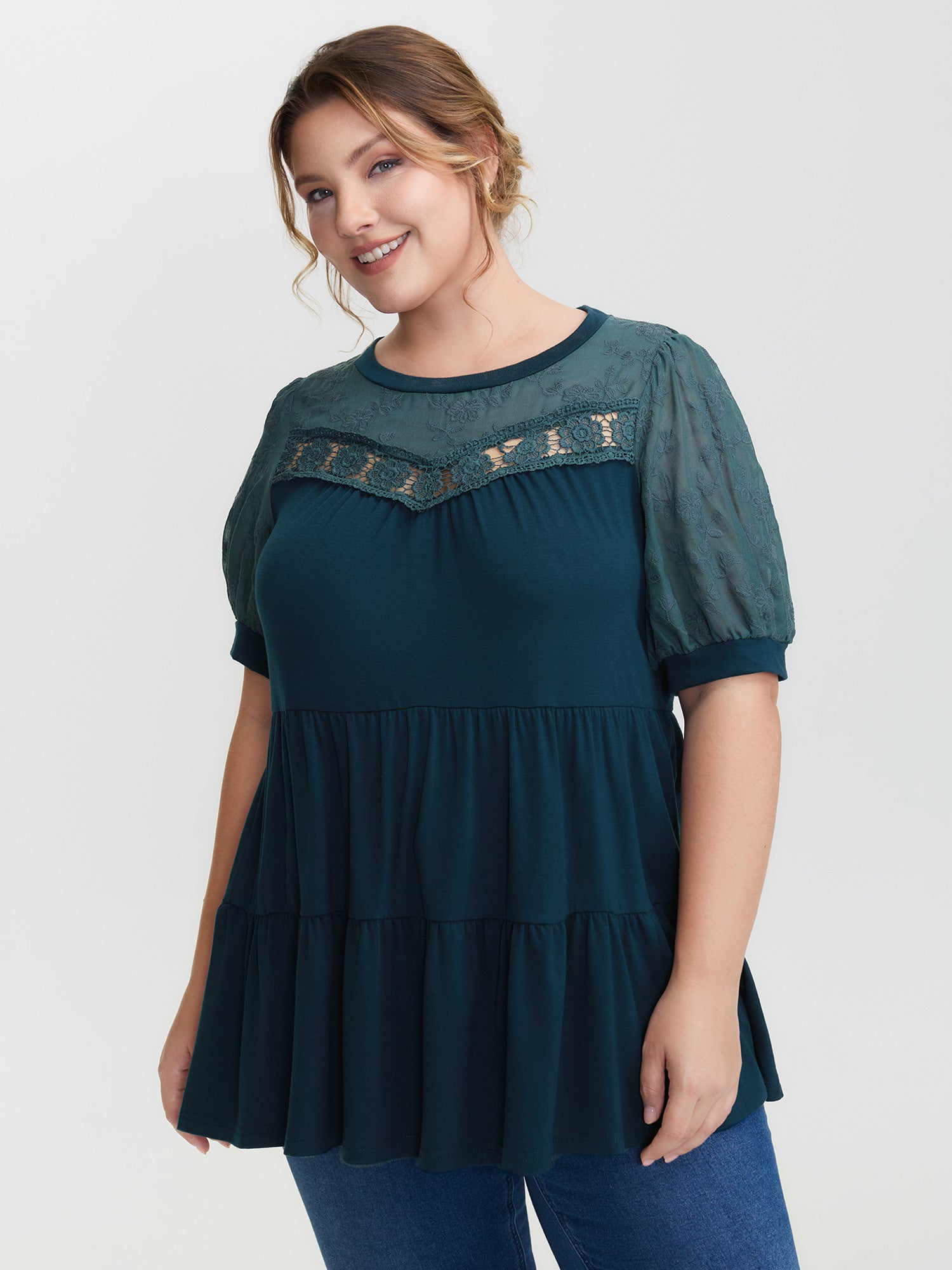 Embroidered Tiered Floral Lace T-Shirt