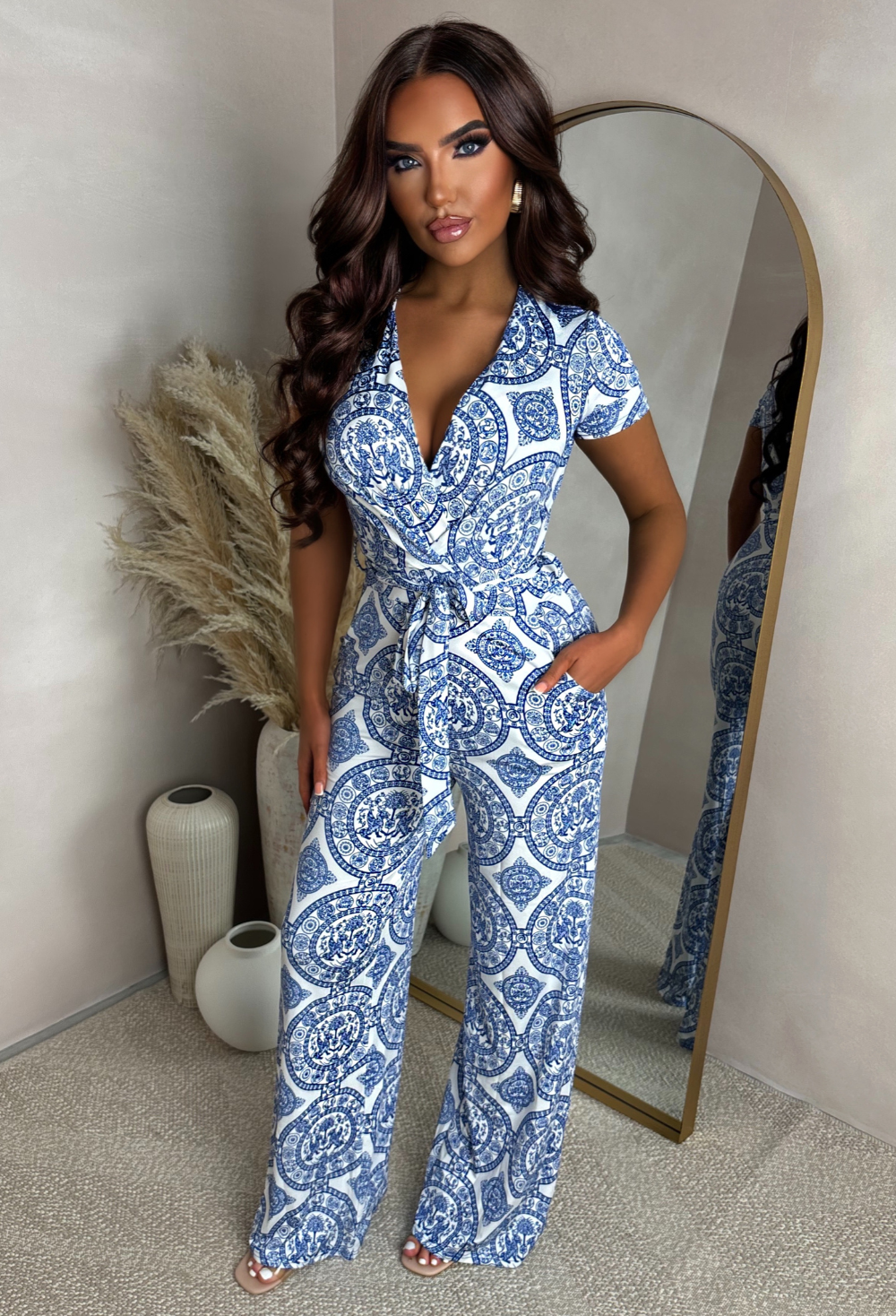 Ravello Blue Wrap Front Tile Print Jumpsuit