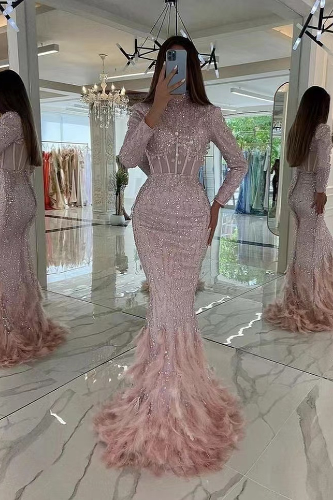 Chic Pink Long Formal Dress With Feather Long Sleeves Sequins