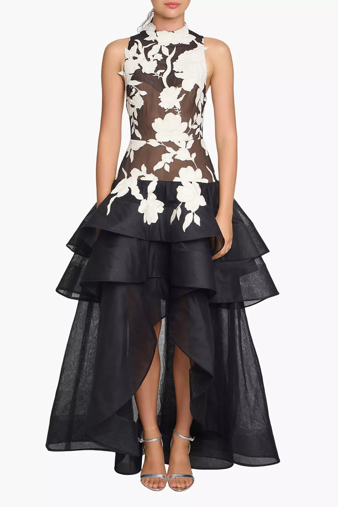 Leather Guipure High Neck Sleeveless Tiered Gown
