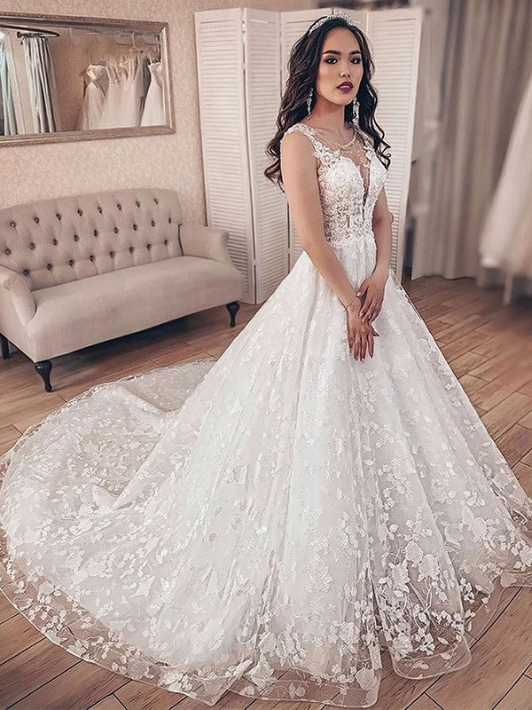 Beautiful Chapel Train V-Neck Sleeveless Lace Ball Gown Wedding Dresses