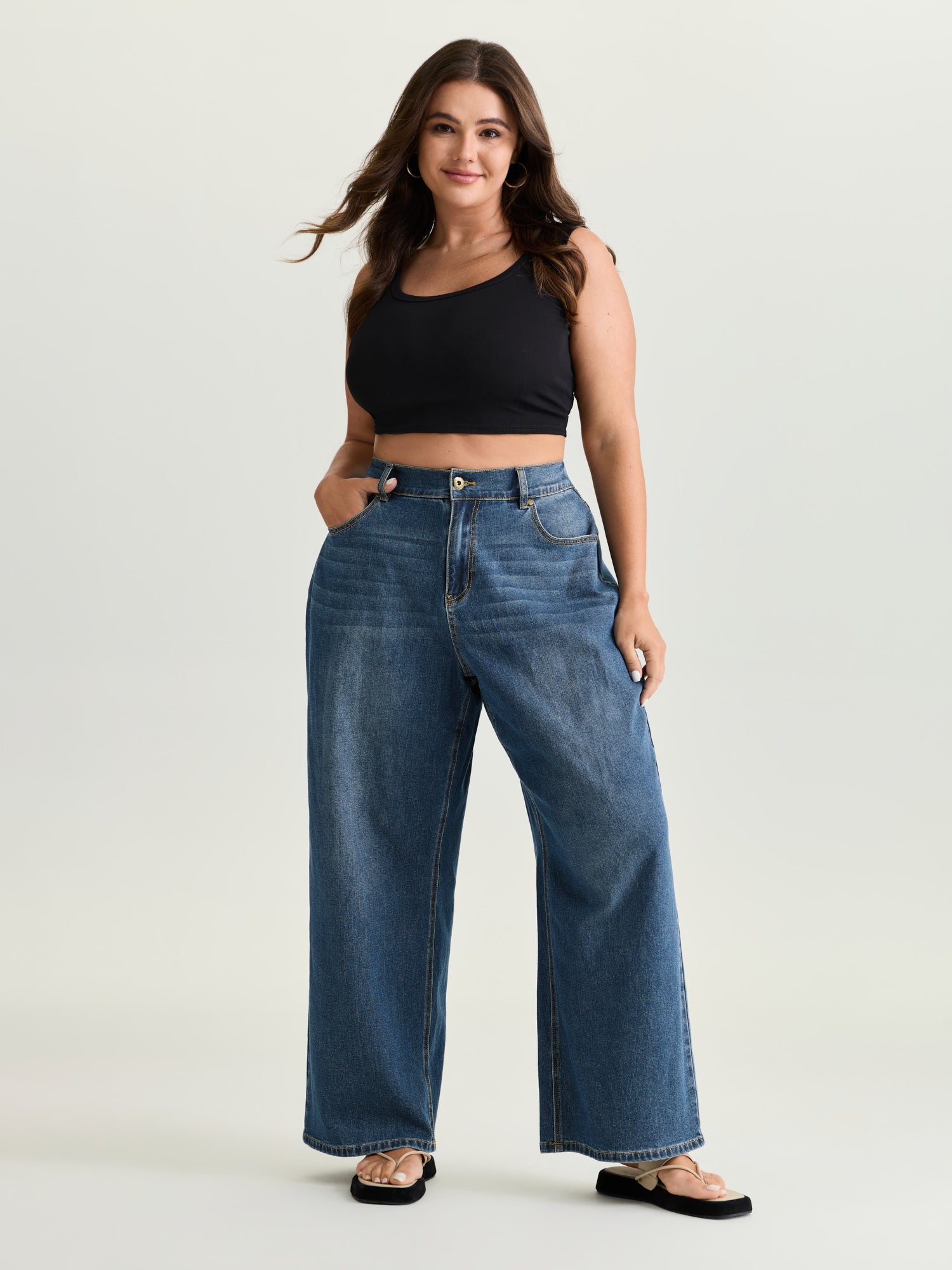Stretchy Elastic Back Waist Wide-Leg Jeans