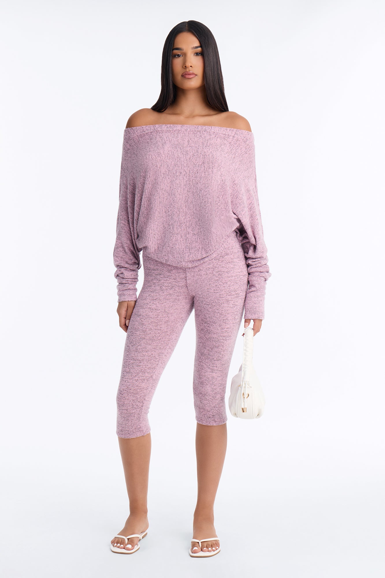 Clara Off Shoulder Hacci Capri Set - Pink