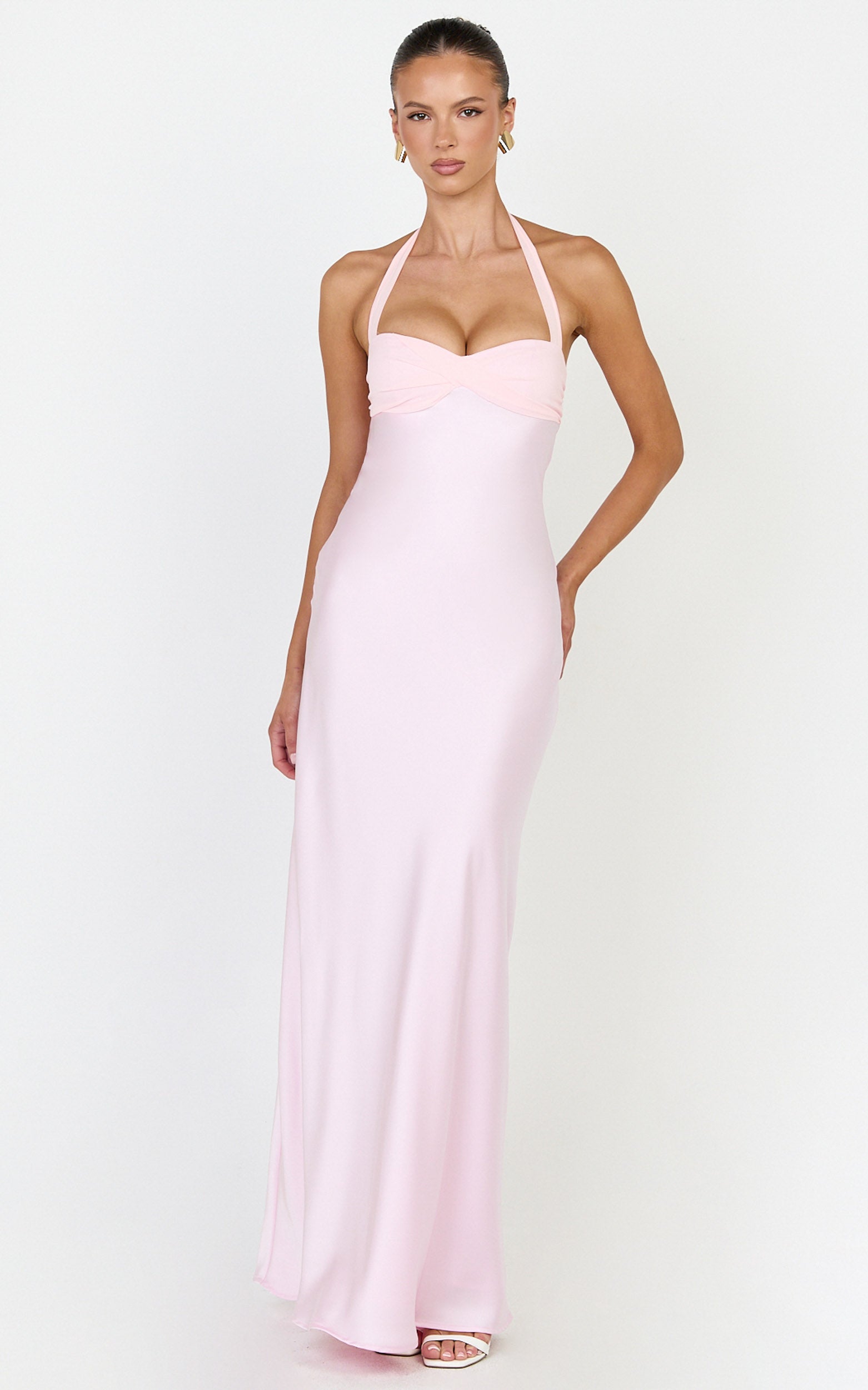 Flynn Maxi Dress - Satin Halter Sweetheart Neck Dress in Pink
