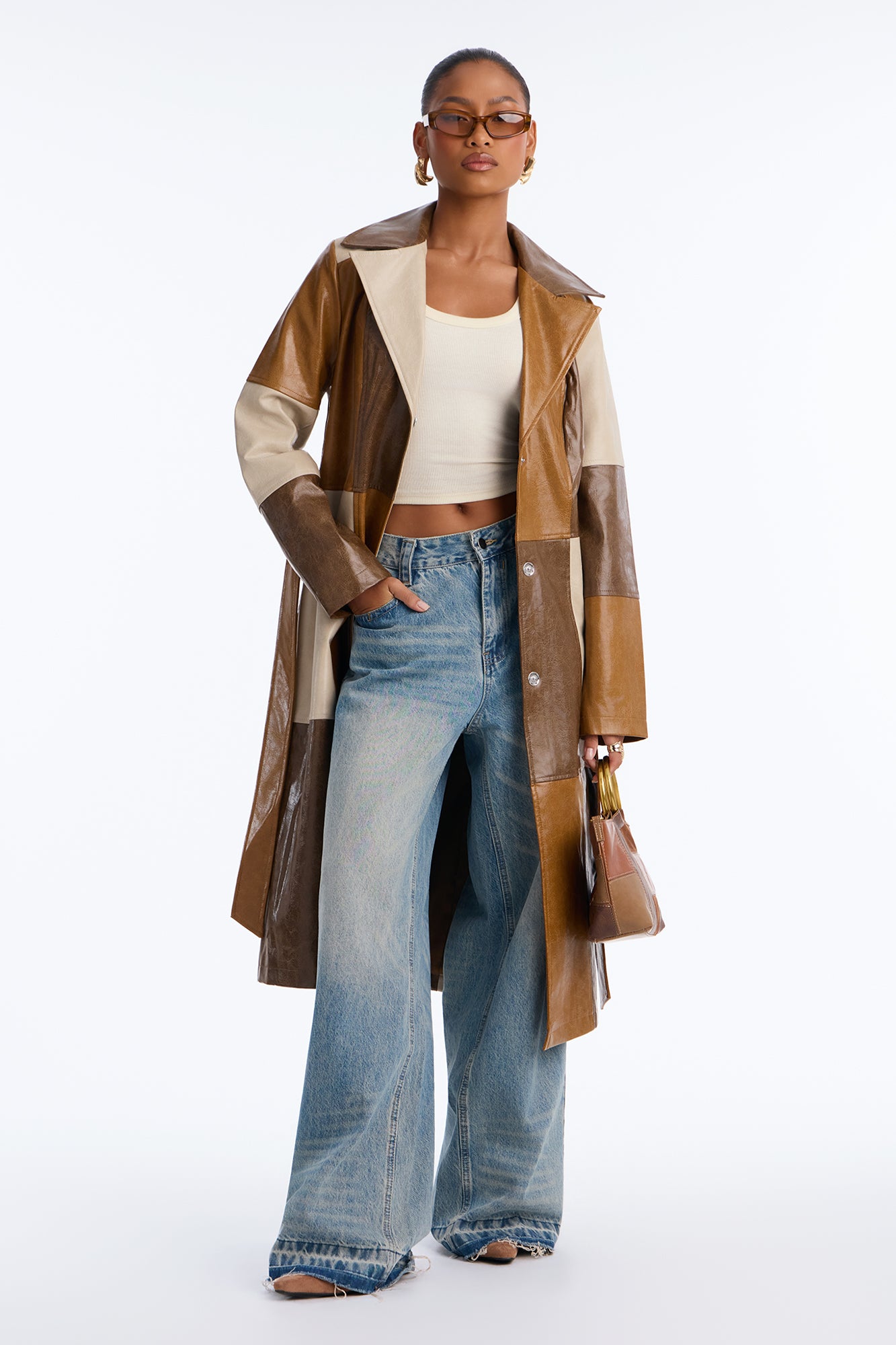 Cassie Colorblock Faux Leather Long Sleeve Coat - Brown/combo