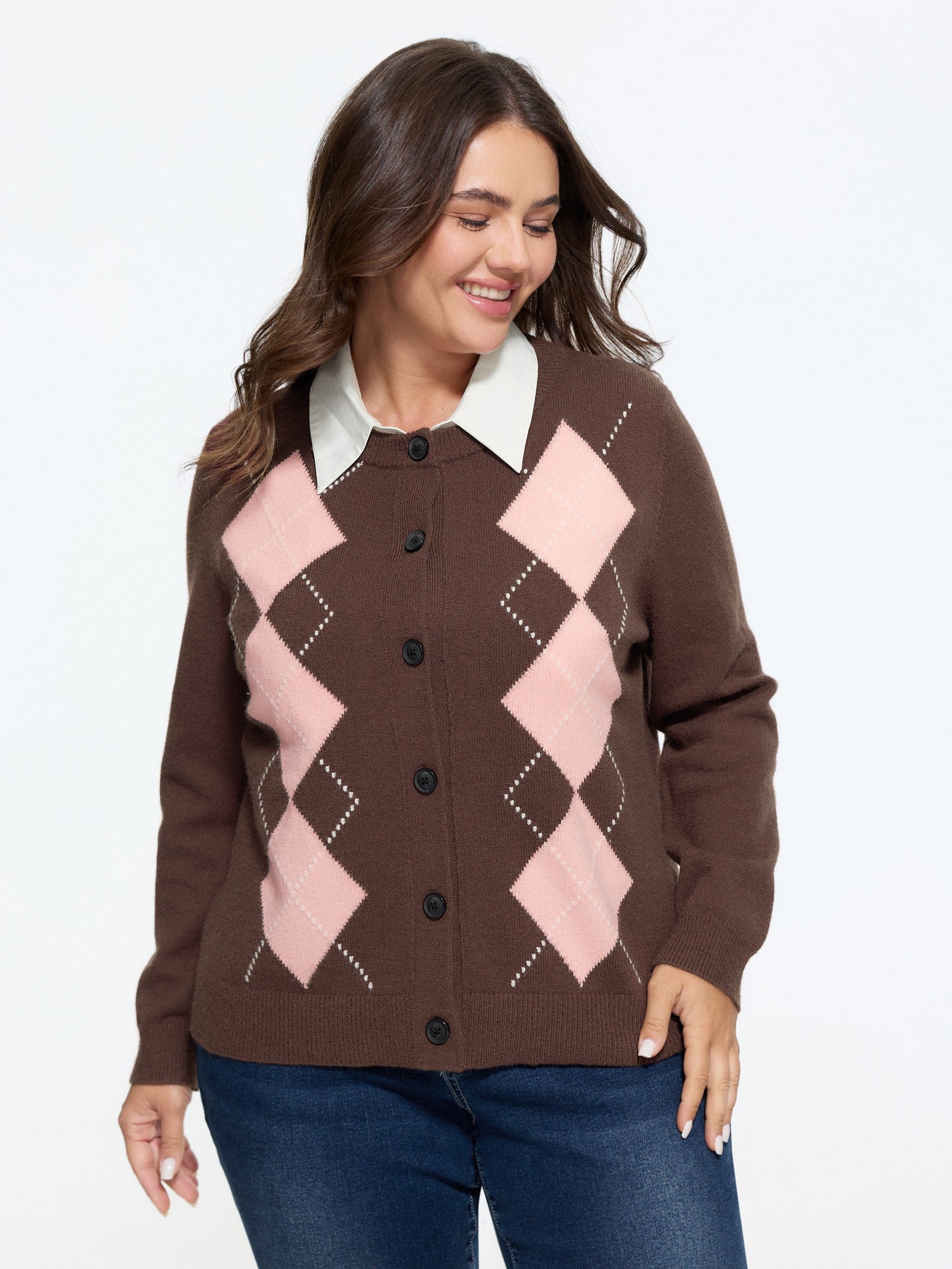 Supersoft Argyle Pattern Button‑Down Cardigan