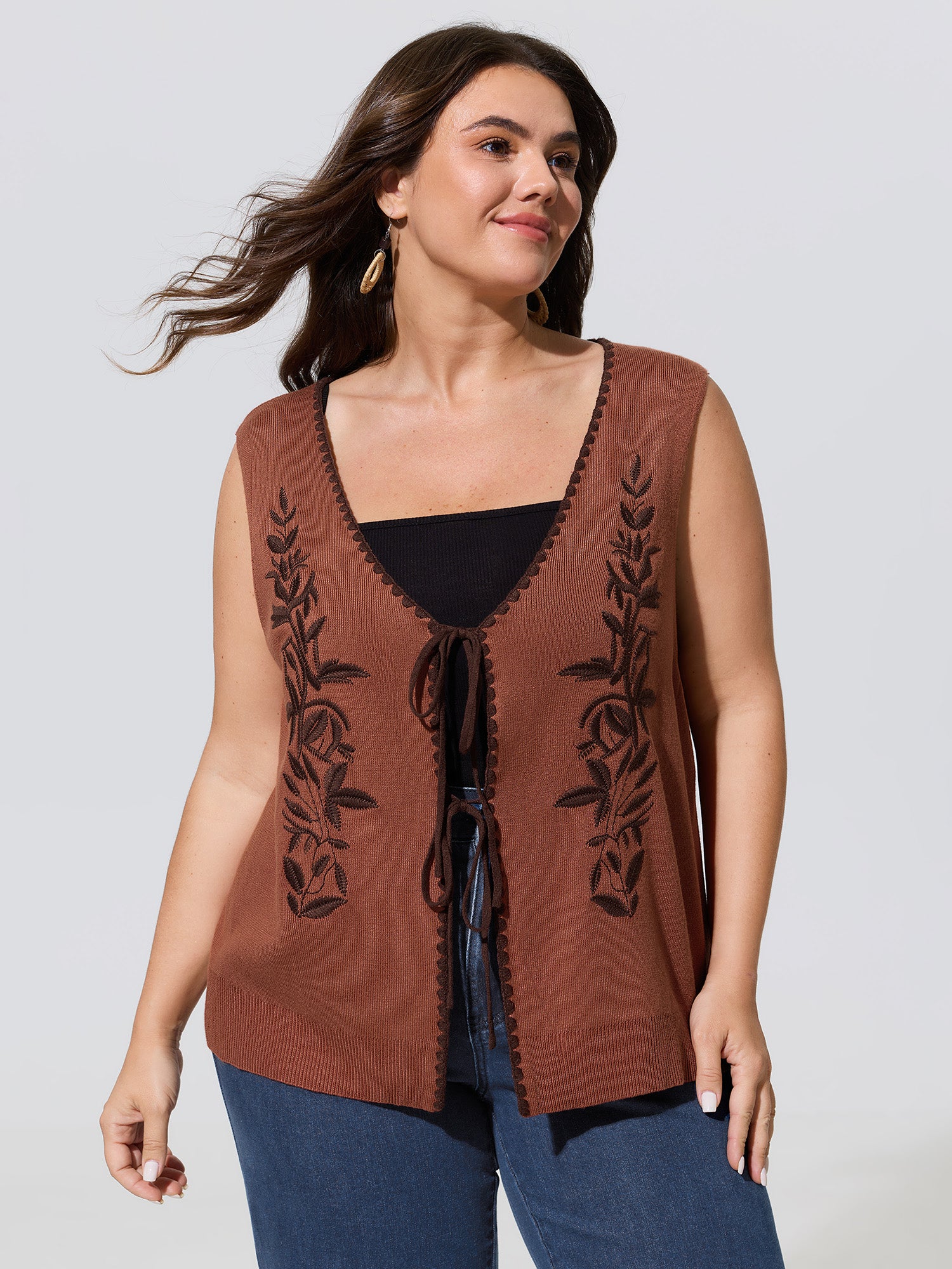 Floral Embroidered Tie Front Knit Vest