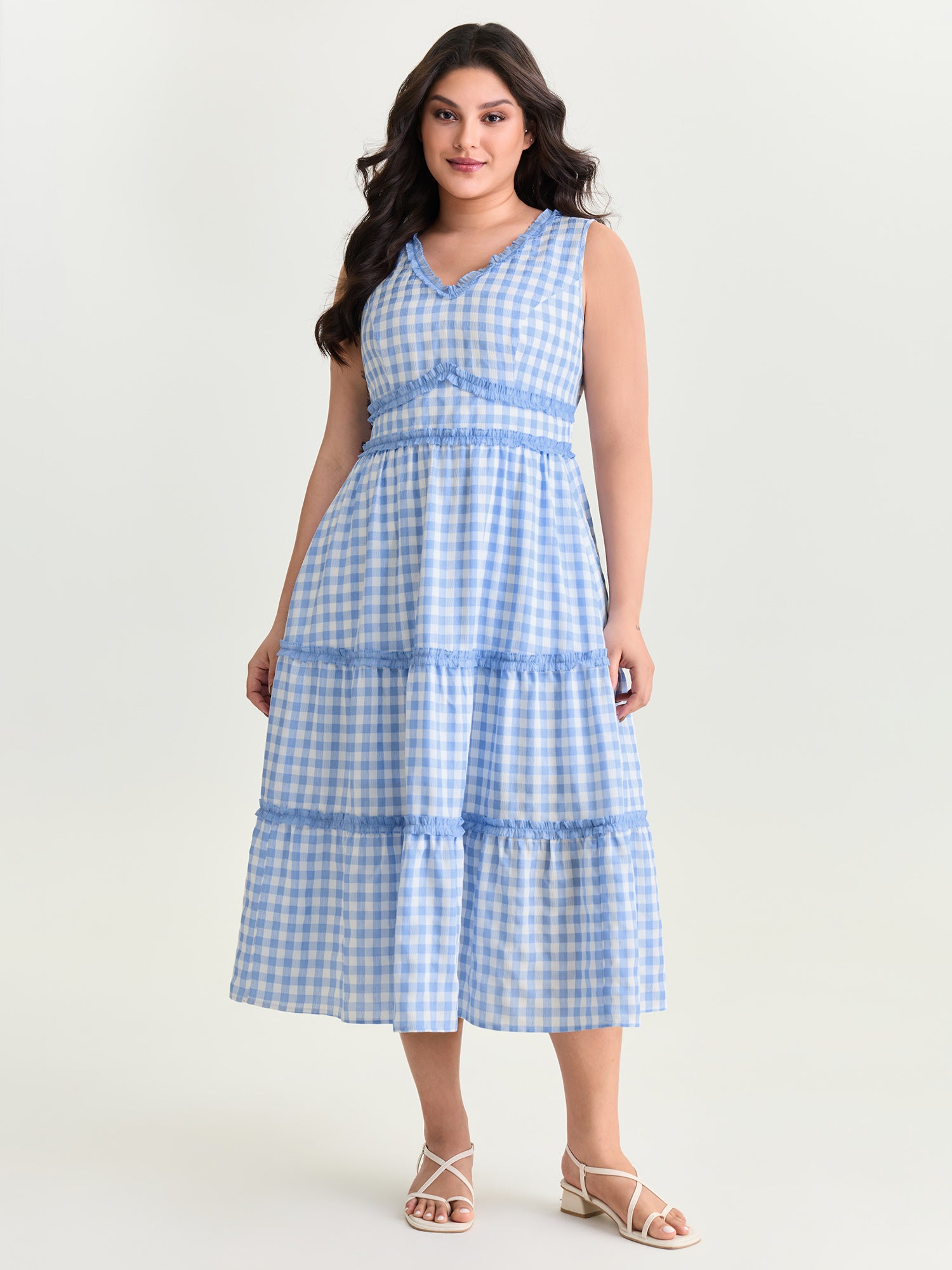 Gingham Print Tiered Shirred Midi Dress