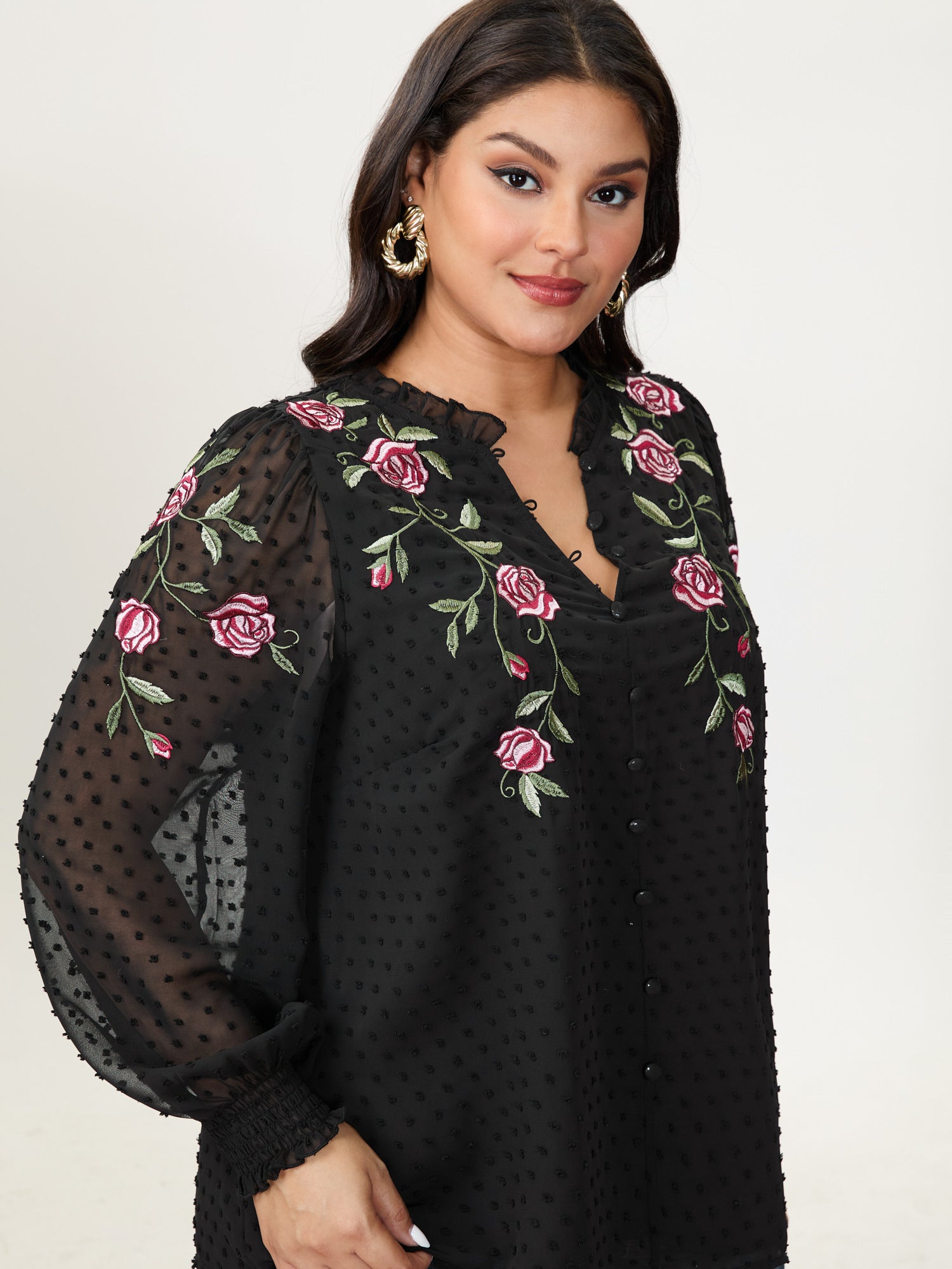 Rose Embroidered Textured Sheer Blouse