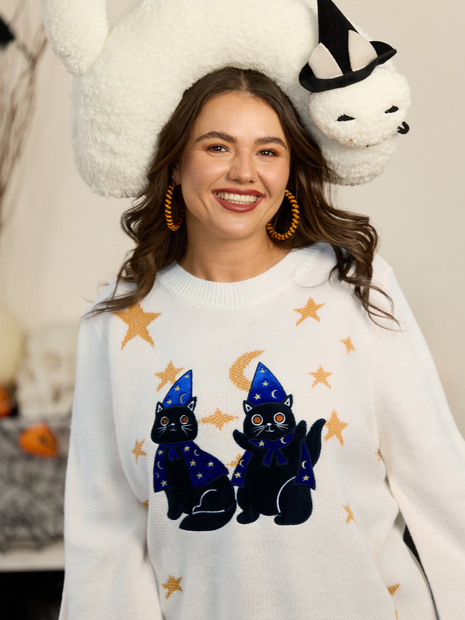Witch Cat Jacquard Crew Neck Pullover
