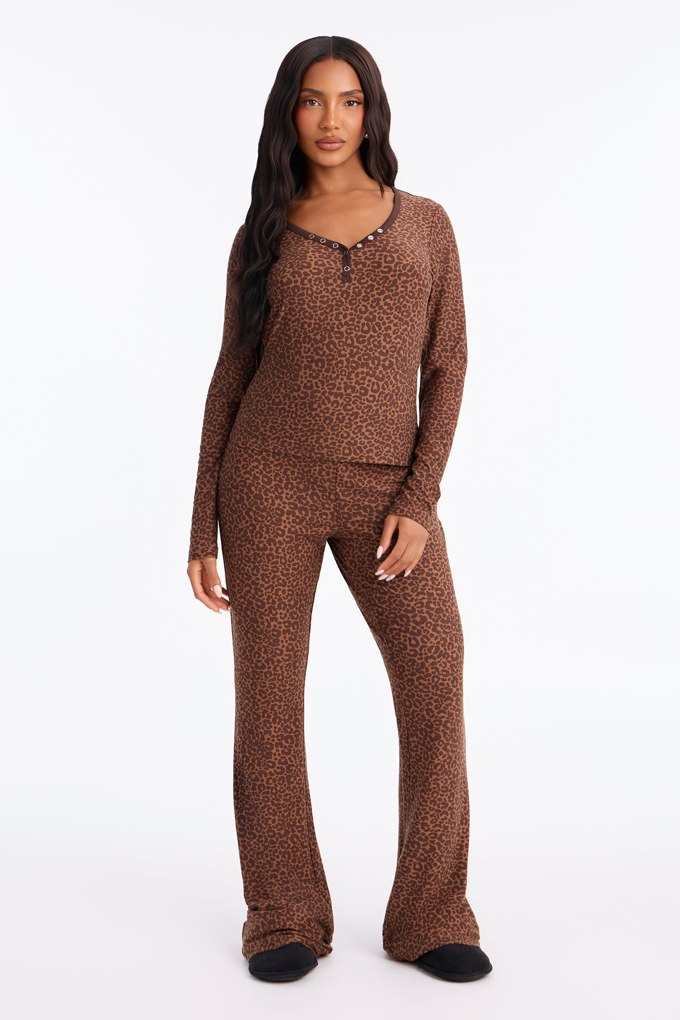 Wild Cozy Night Henley Long Sleeve Wide Leg PJ Pant Set - Leopard