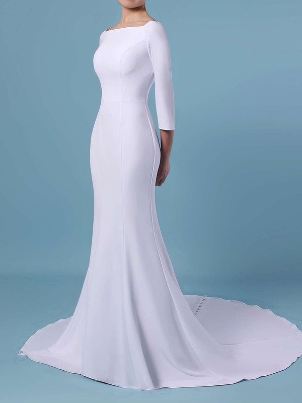 Elegant Trumpet Square Neck Long Sleeves Stretch Satin Court Train Wedding Dresses