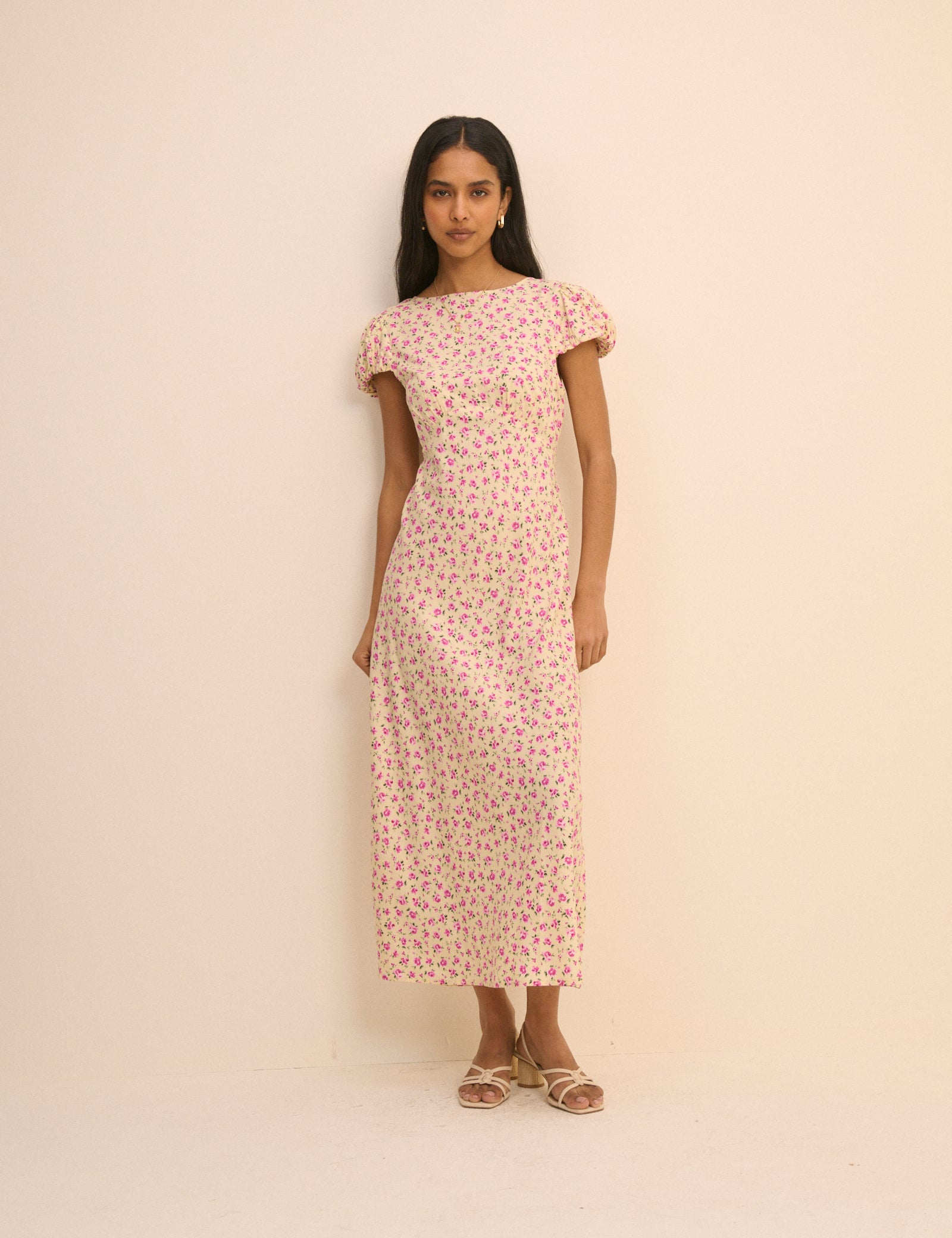 Cream and Pink Floral Willow Midi Dress