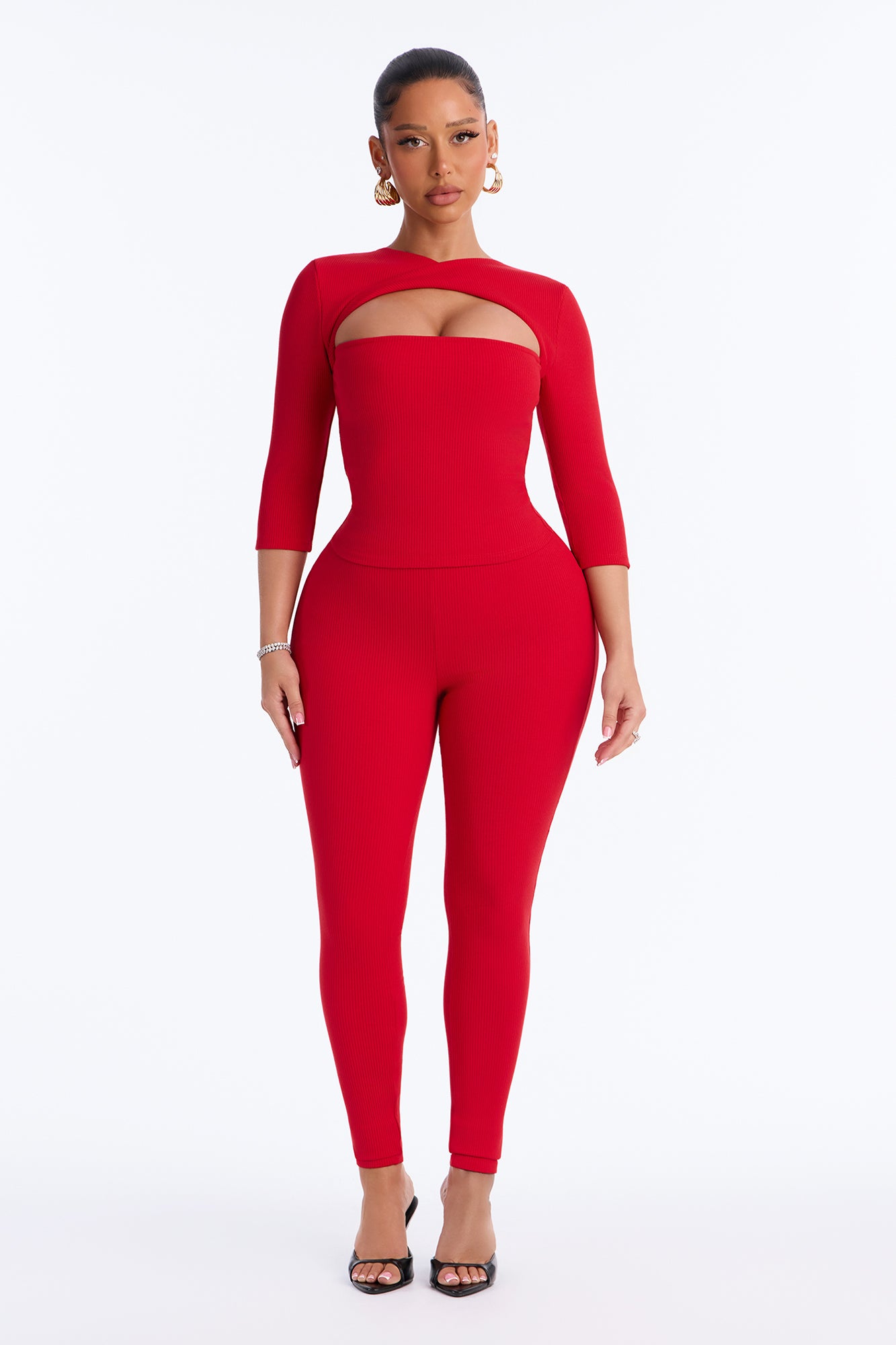Jadyn Snatched 3/4 Sleeve Pant Set - Red